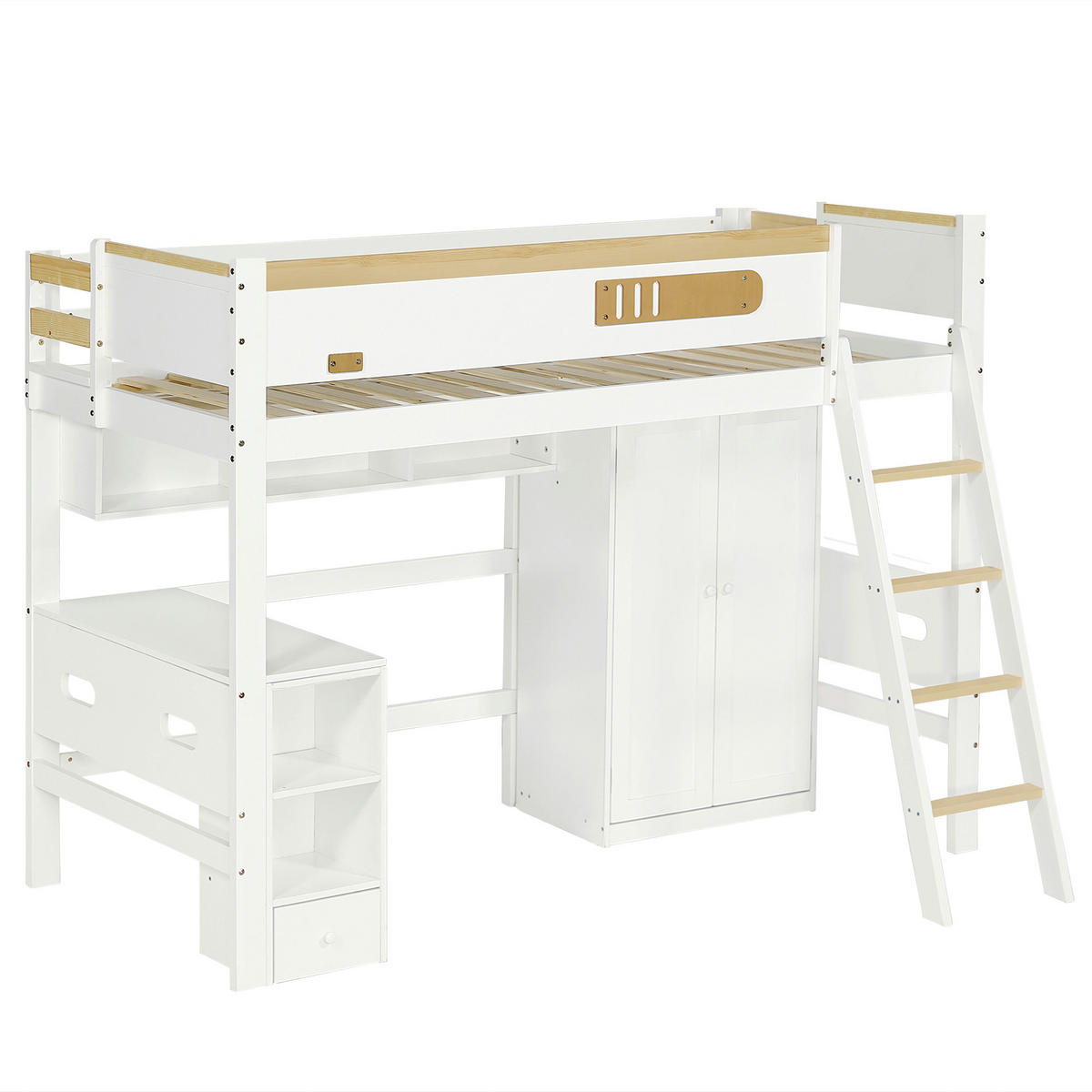 ETAGENBETT 90/200 cm mit Fallschutz, Schreibtisch, Kleiderschrank und Regal aus Massivholz/MDF, Weiß/Natur - Weiß, Holz (90/200cm) - Redom