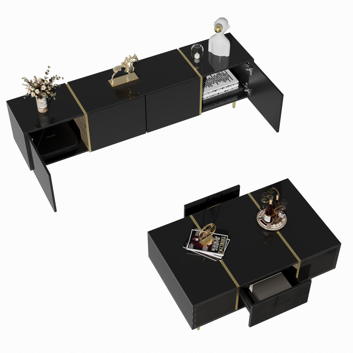 TV-SCHRANK- und Couchtisch-Set 170/35/46 cm & 100/60/41,5 cm mit Stauraum und Soft-Close-Scharnieren, Schwarz - Schwarz, Holzwerkstoff (170/46/35cm) - Redom
