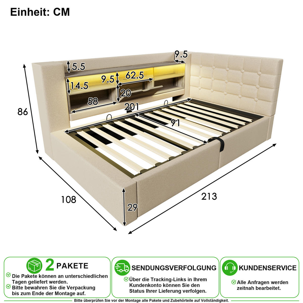 POLSTERBETT 90/200 cm in Beige Leinen mit Stauraum, LED und USB - Beige, Holzwerkstoff/Textil (90/200cm) - CHICFURN