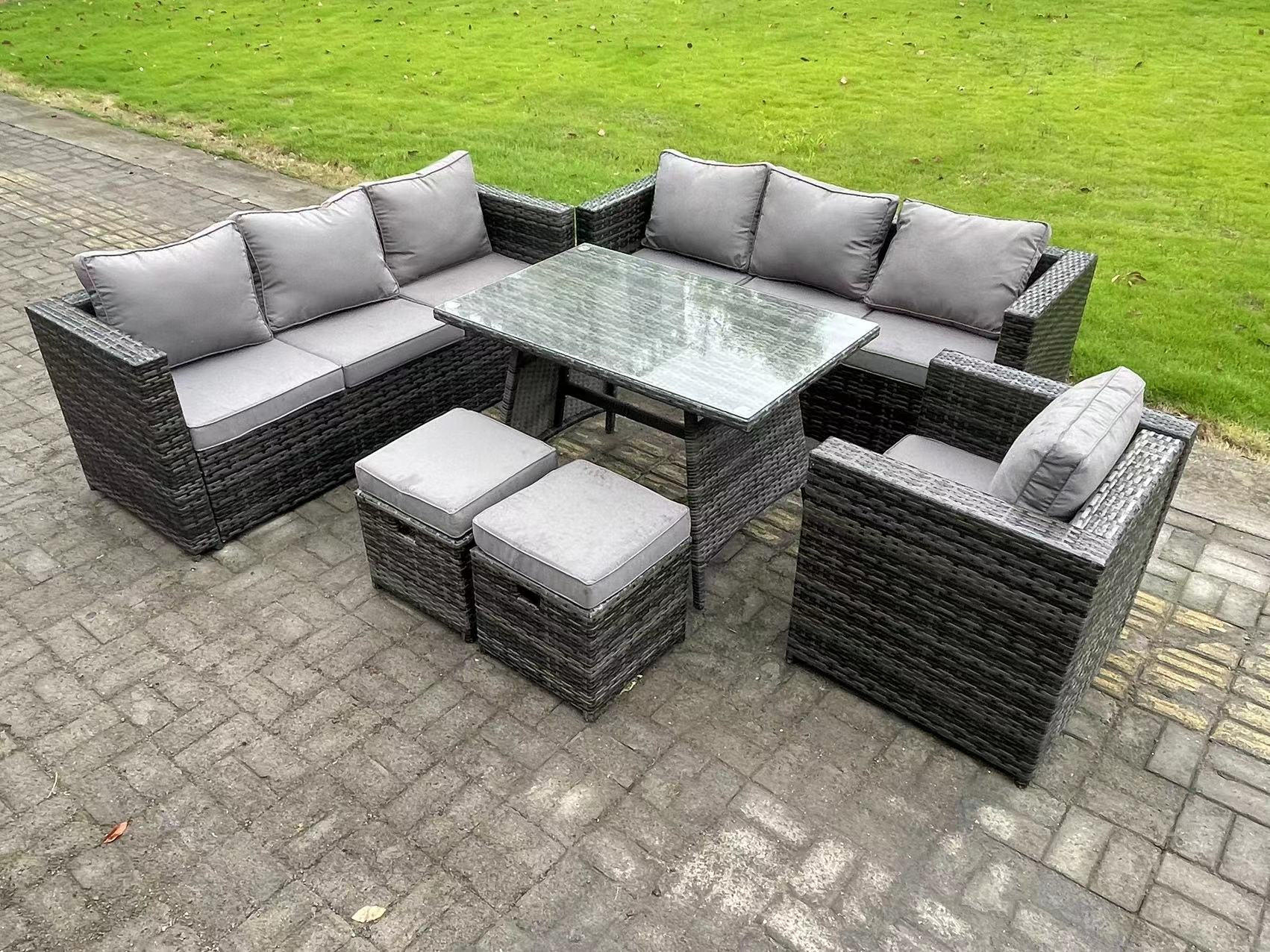 GARTENMÖBELSET mit Hocker Esstisch 9-Sitzer Grau - Dunkelgrau/Grau, Glas/Kunststoff - Fimous