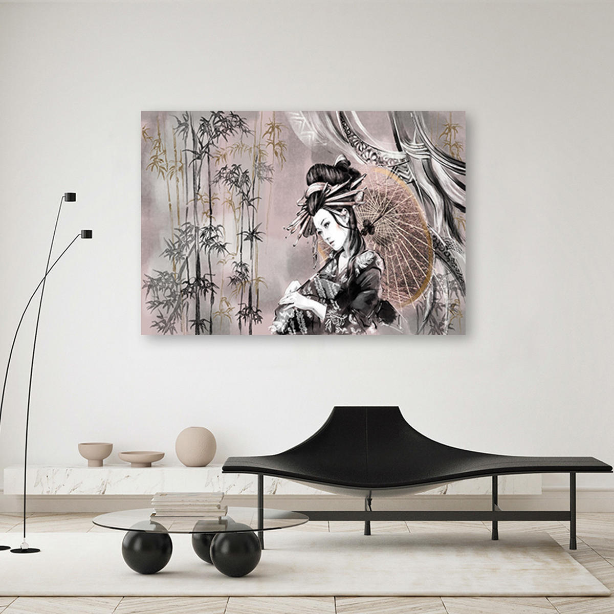 WANDBILD geisha und bambus - Silberfarben, Textil (60/40cm) - Feeby