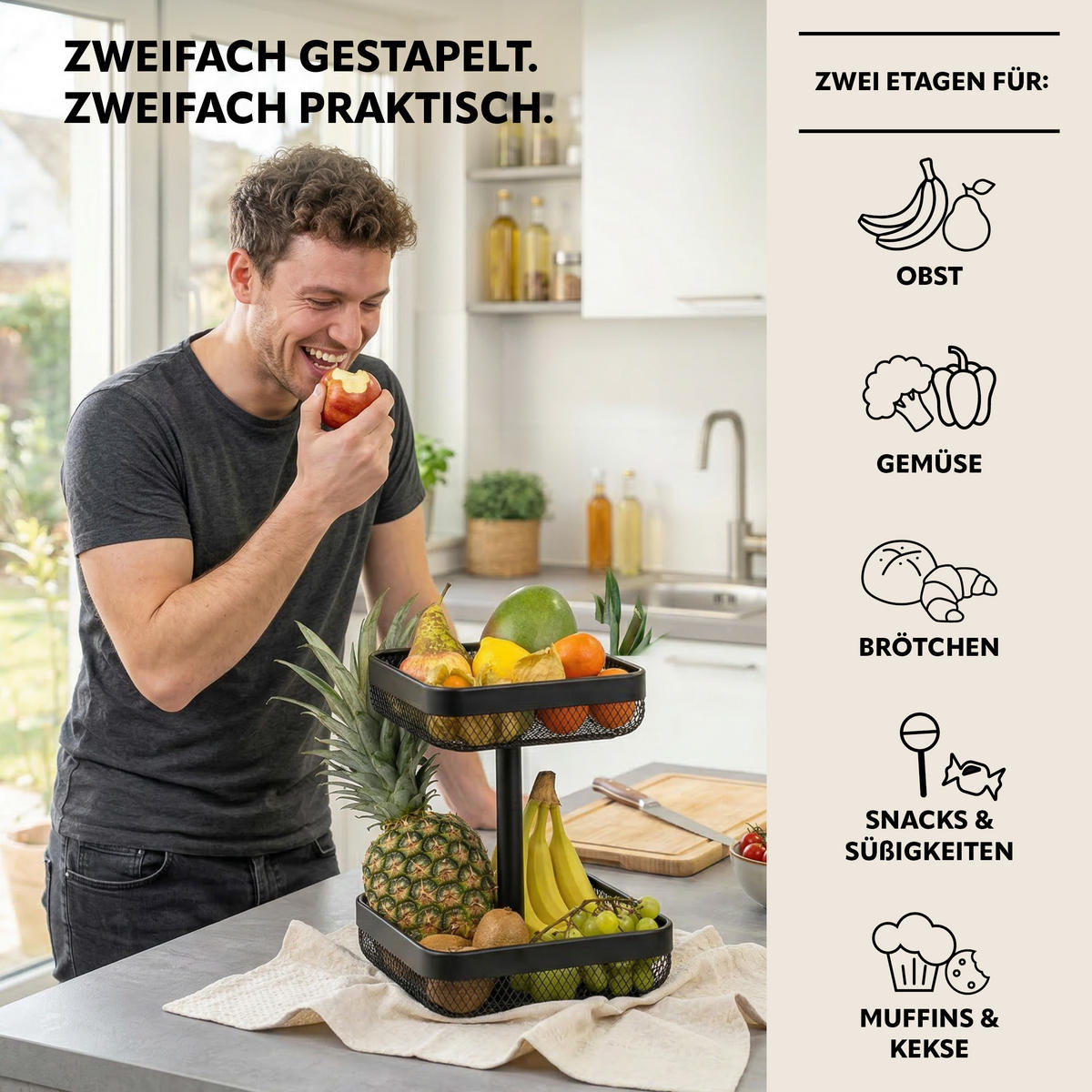 OBSTETAGERE, eckig, 2-stöckig, Ø 20 cm und 25 cm, schwarz, Metall - Schwarz, Metall (30cm) - eluno