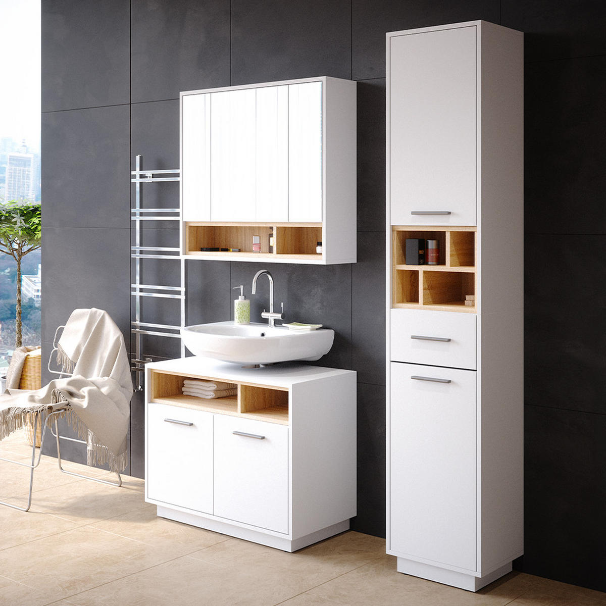 BADMÖBEL-SET Beatrice Weiß 3 Teile, mit Hochschrank - Weiß/Sonoma Eiche, Holzwerkstoff (80/64/40cm) - Vicco