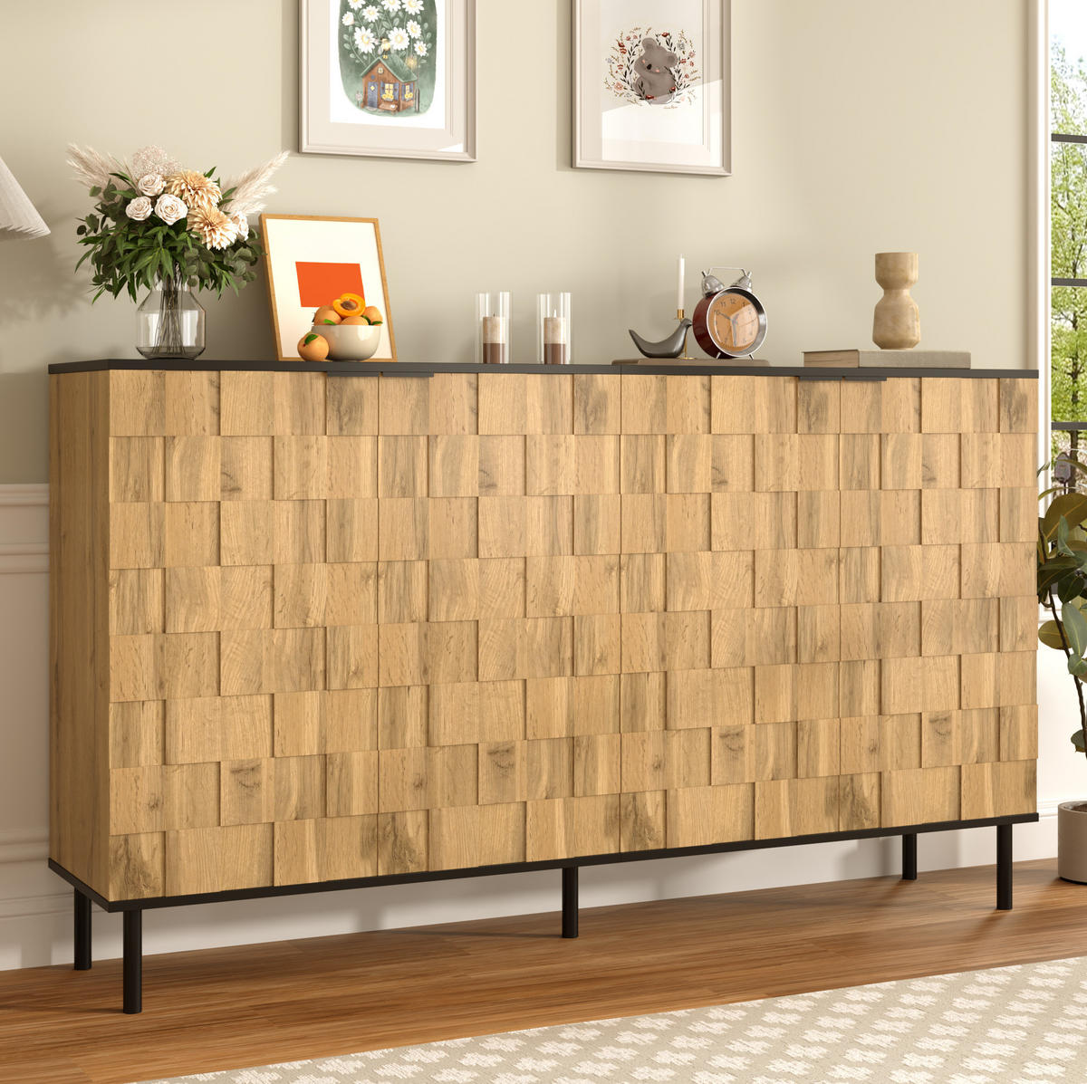 SIDEBOARD aus Spanplatte 160x35x80,5 cm Natur/Schwarz mit 2 Türen, festen Fächern und Mosaikfront - Naturfarben, Holzwerkstoff (160/80/35cm) - Modfu