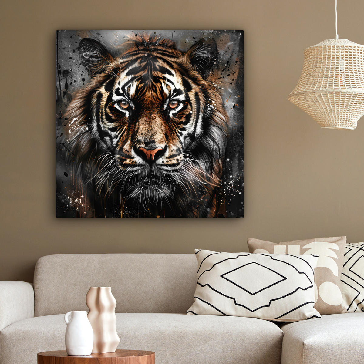 LEINWANDBILD Tiger - Tiere - Porträt - Luxus - Schwarz 90x90 cm - Anthrazit, Textil (90/90cm) - MuchoWow