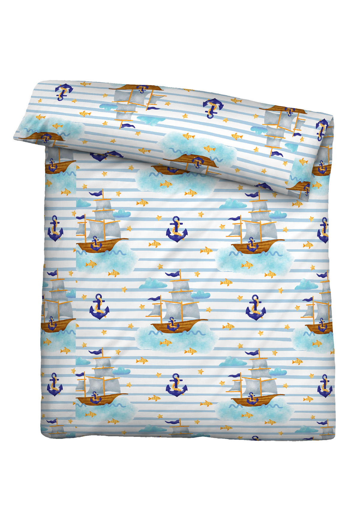 BETTWÄSCHE-GARNITUR Linon Schiffe ciel, 135x200 cm + 80x80 cm - Hellblau, Textil (135/200cm) - biberna