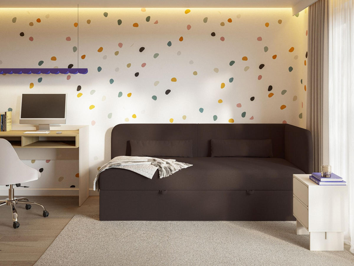 JUGENDBETT Calmmo Dunkelbraun mit Chenille-Bezug, Kopfteil rechts - Dunkelbraun, Textil (90/200cm) - Selsey