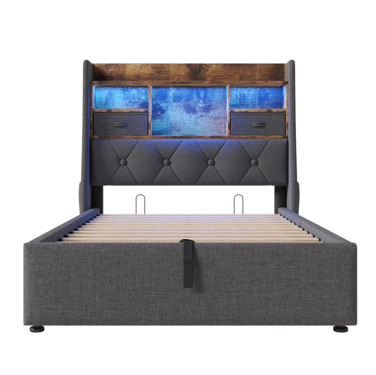 POLSTERBETT 90/200 cm Grau mit Stauraum, LED und Matratze - Grau, Textil (90/200cm) - Flora Grace