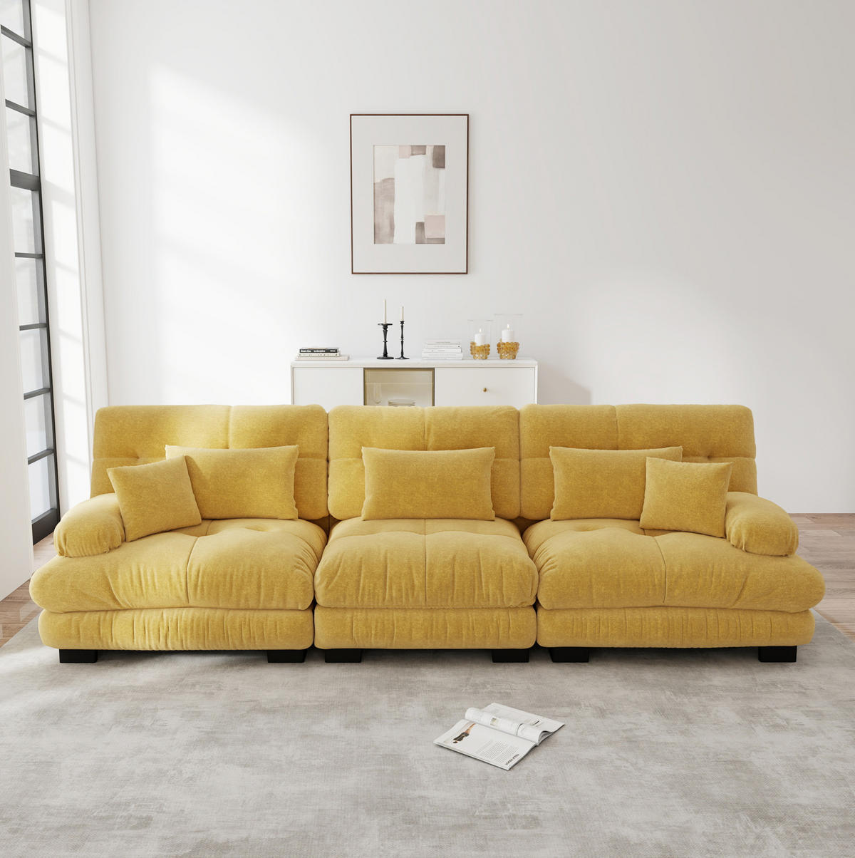 ECKSOFA 313/77/81 cm gmodular gelb aus Chenille mit Tiefensitz und Rundarmlehnen - Gelb, Textil (77/313cm) - OKWISH