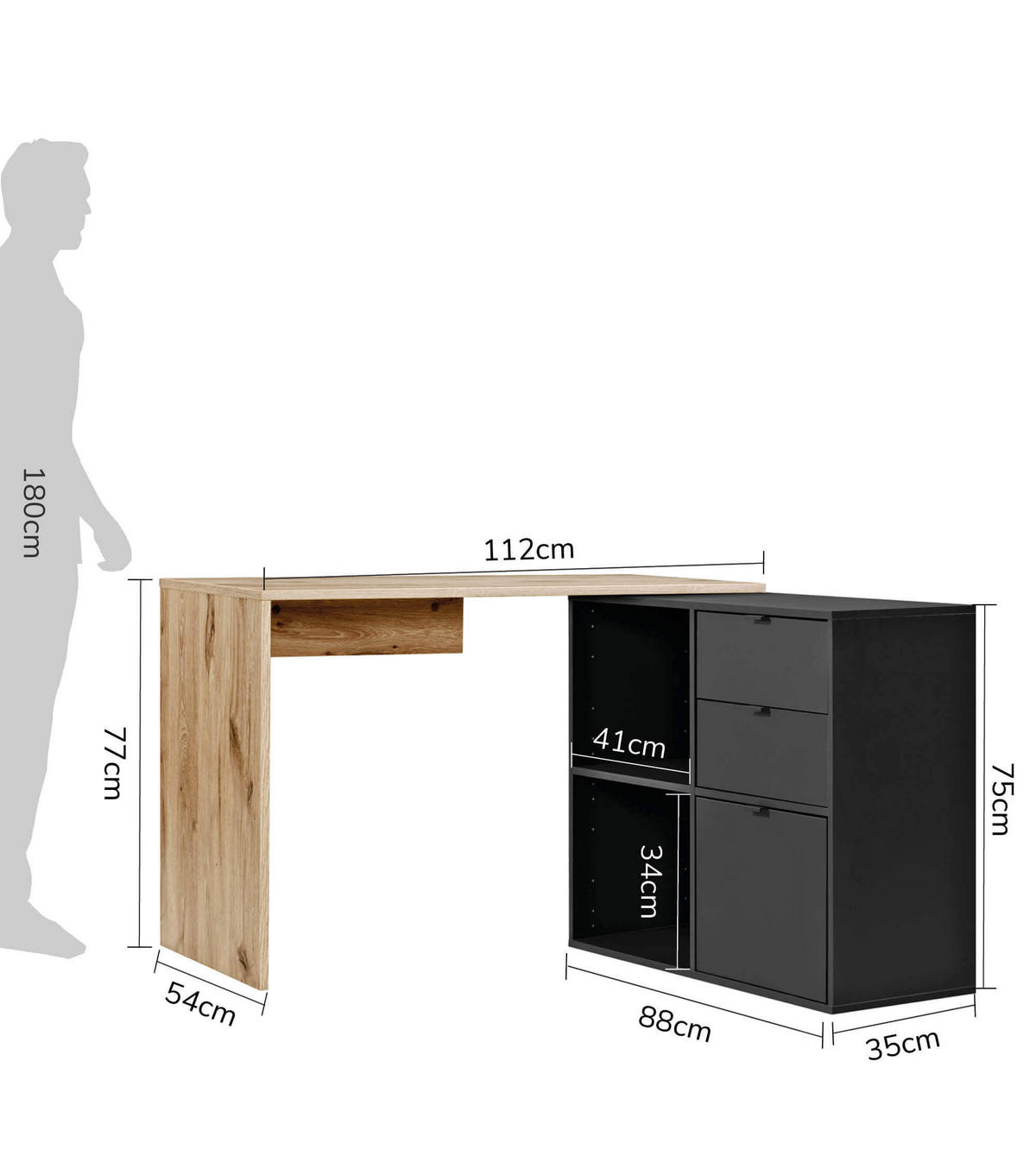 ECKSCHREIBTISCH Der Produktive - Eichefarben/Schwarz, Holzwerkstoff (54/112/77cm) - Mokebo