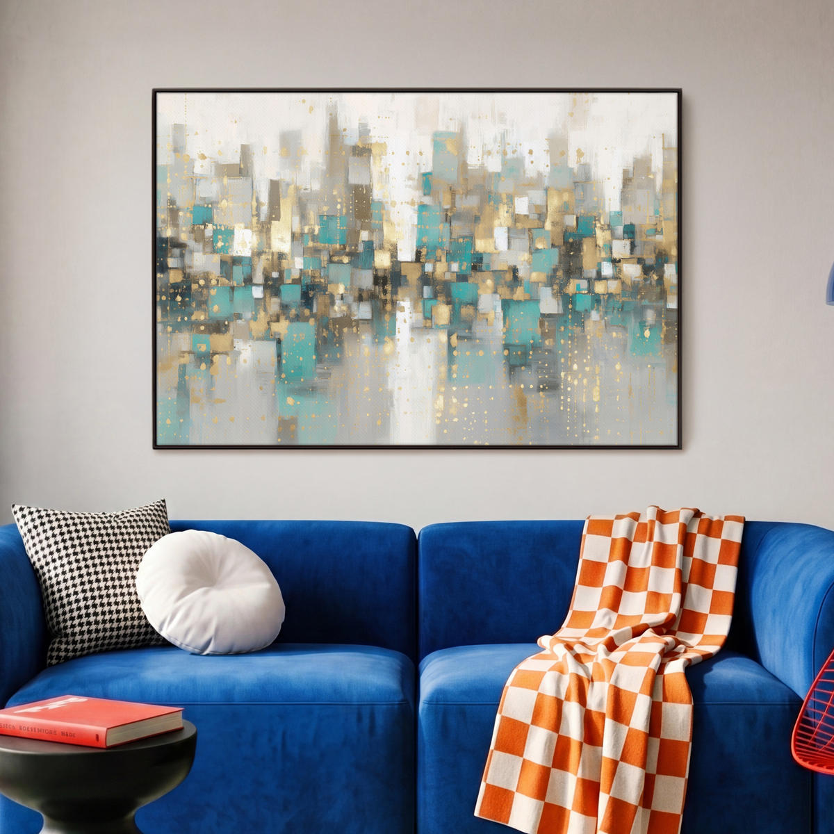 LEINWAND Bilder mit Rahmen - Abstrakt - Blöcke - Gold - Skyline - 90x60 - Beige, Textil (90/60cm) - MuchoWow