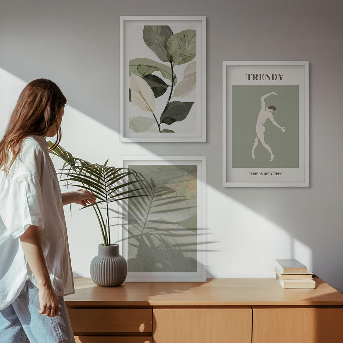 WANDBILDER 3er-Set - 40x60 cm Weißer Rahmen - Abstrakte Pflanzensilhouettenmuster - Weiß, Kunststoff (40/60cm) - ArtPrintCave