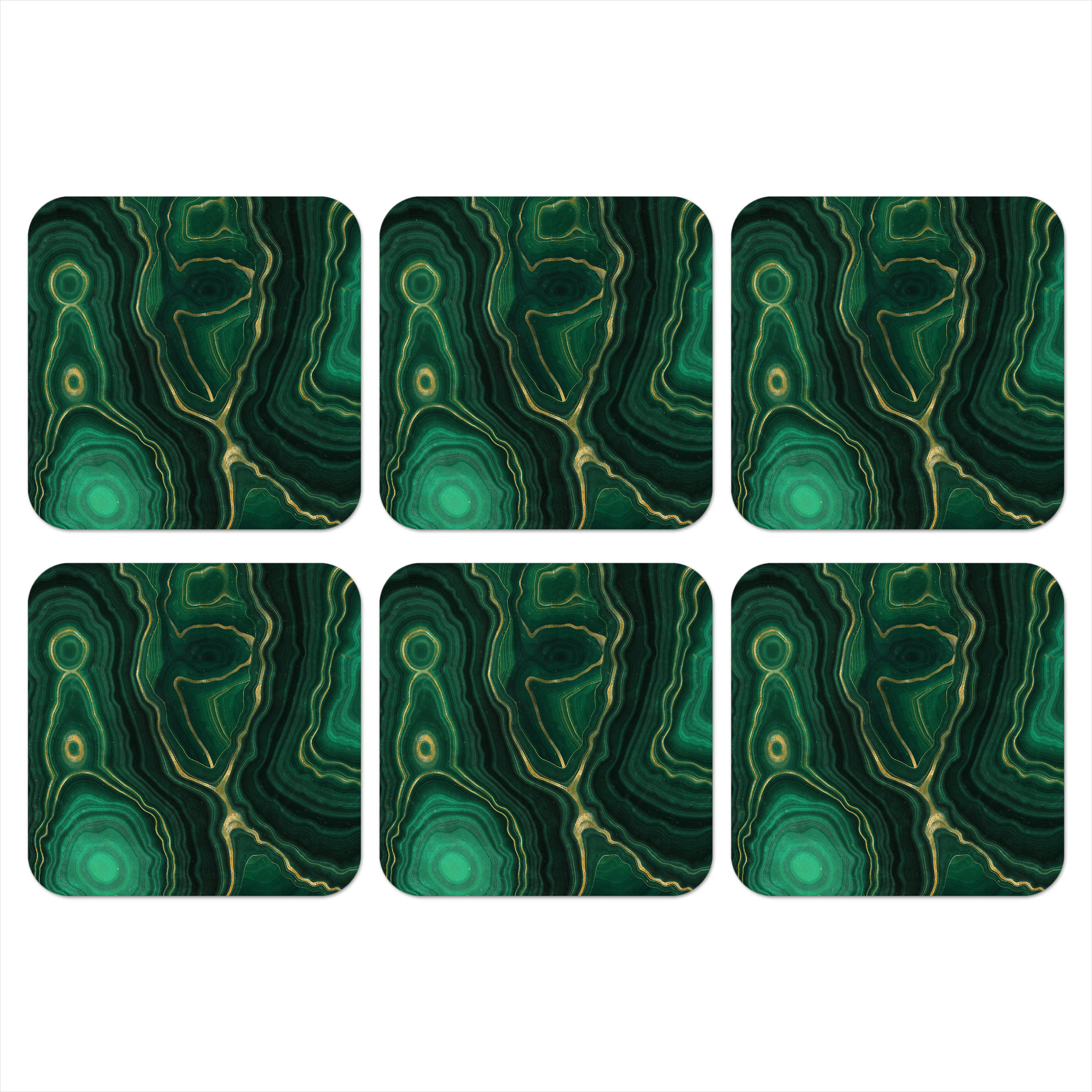 GLASUNTERSETZER 6er-Set Gold - Grün - Achatstein - Geode - Marmor 10x10 cm - Smaragdgrün, Naturmaterialien (10/0.2cm) - MuchoWow