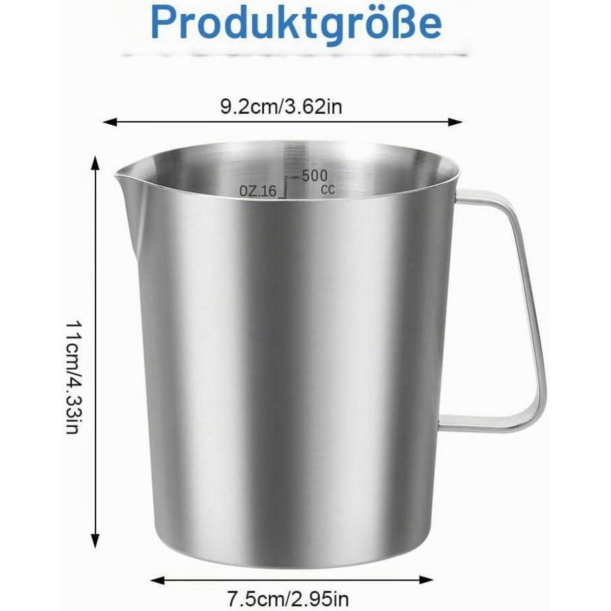 MESSBECHER Edelstahl 500ml mit Tropffreiem Ausguss und Feinskala - Silberfarben, Metall (0.5L)