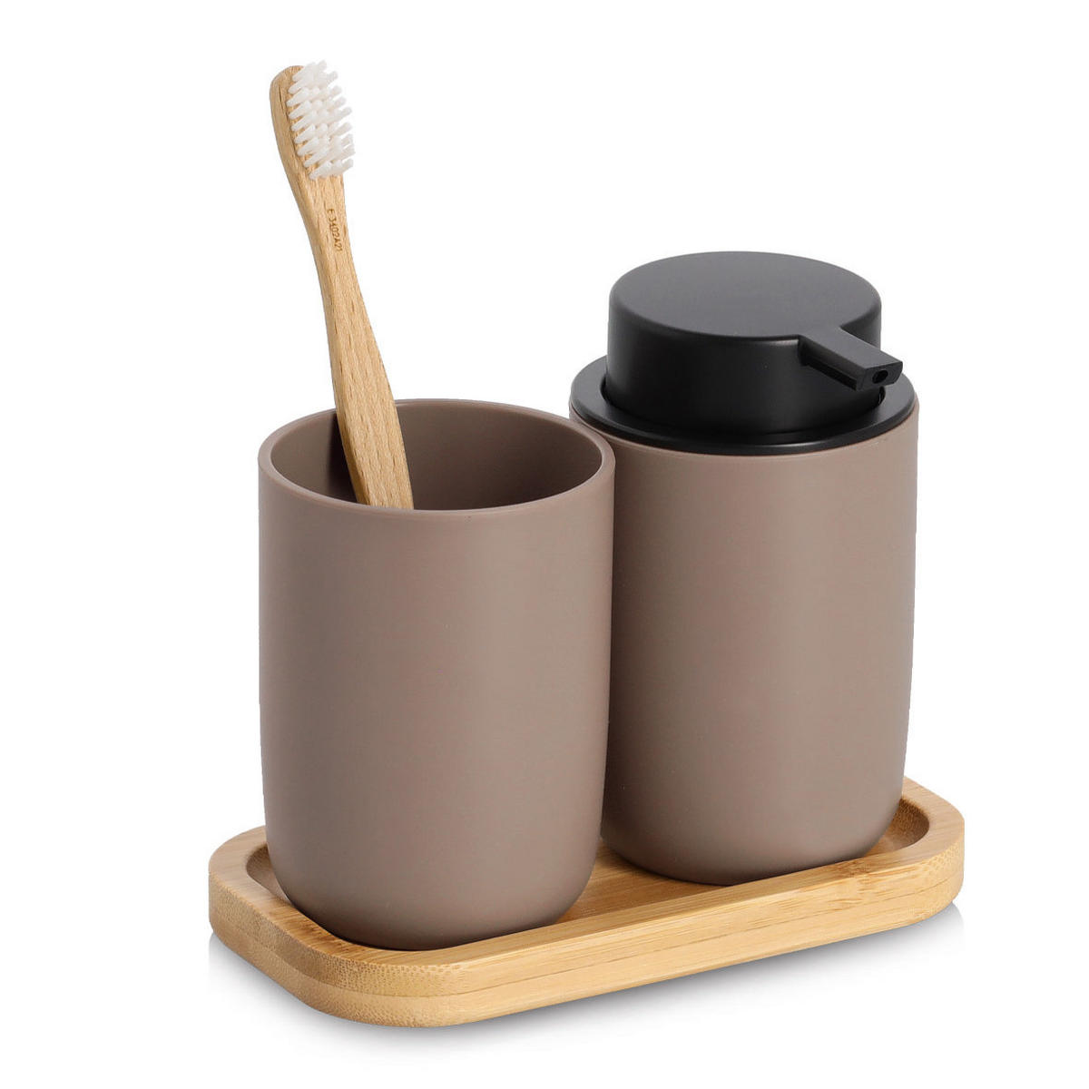 BAD-ACCESSOIRES-SET Zahnputzbecher und Seifenspender 16,5/9/13,5 cm - Braun, Naturmaterialien (9/13.5/16.5cm) - ZELLER