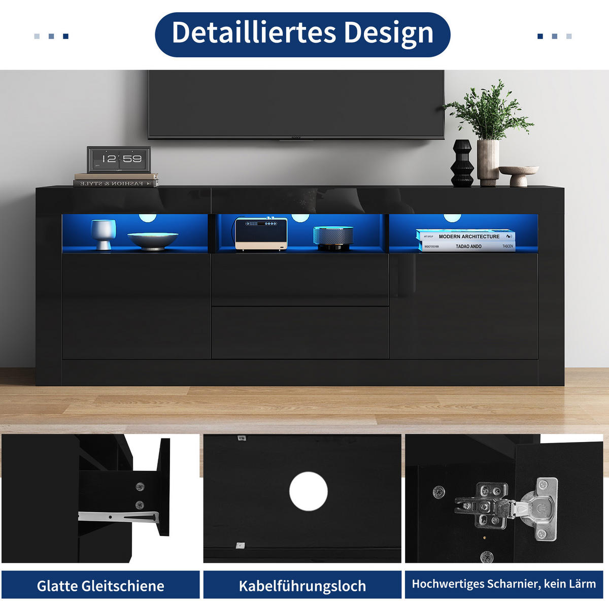 LOWBOARD 160/35/60 cm aus Spanplatte mit LED-Beleuchtung Schwarz - Schwarz, Holzwerkstoff (160/60/35cm) - Modenvie