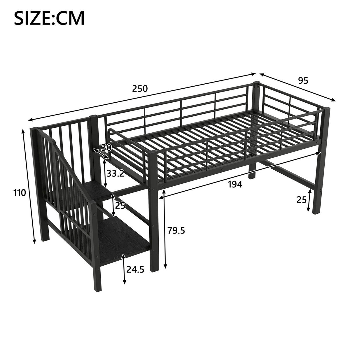 HOCHBETT 90/200 cm Schwarz mit Stauraumtreppe und Metallrahmen - Schwarz, Holzwerkstoff (90/200cm) - Flora Grace