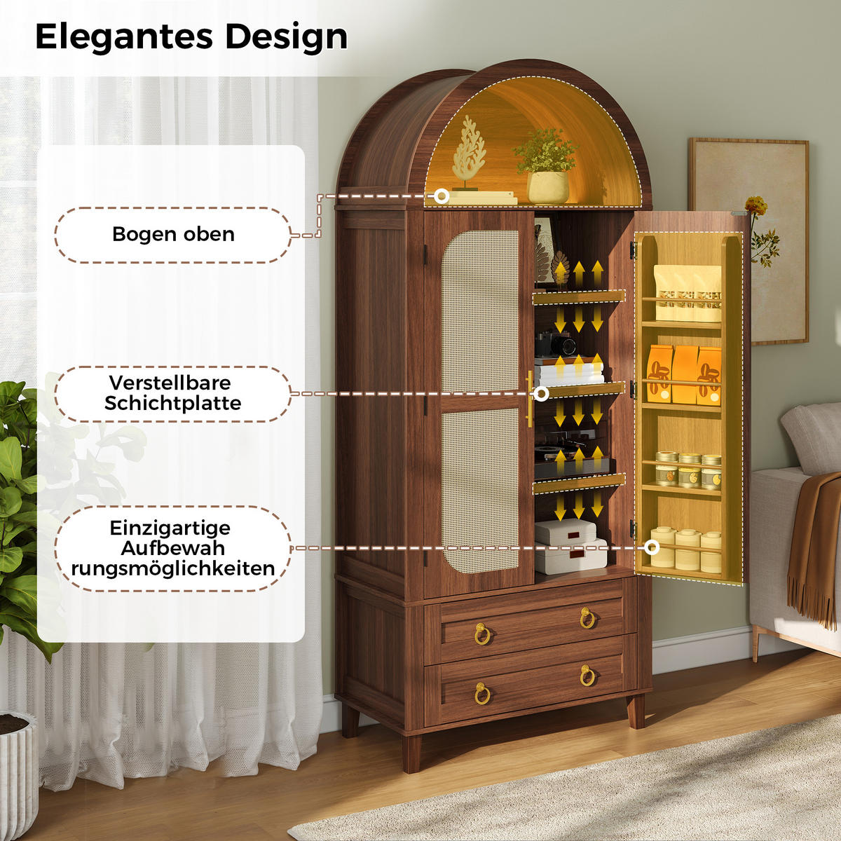 HOCHSCHRANK Nussbaum Bogen-Design mit Rattan-Türen, APP-LED & 2 Schubladen - Walnussfarben, Holzwerkstoff (76/179.5/40cm) - Urban Meuble