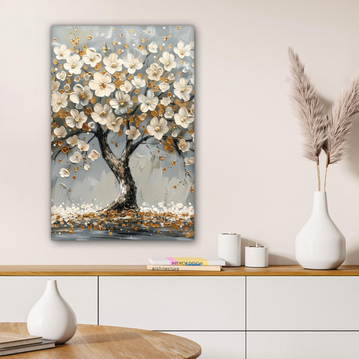 LEINWANDBILD Baum - Blumen - Weiß - Natur - Kunst Wanddeko Schlafzimmer 60x90 cm - Weiß, Textil (60/90cm) - MuchoWow