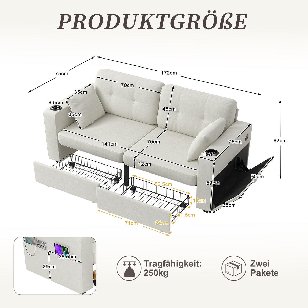 2-SITZER Sofa aus Chenille 172x75x82 cm mit USB-Anschlüssen & Stauraum, beige - Beige, Textil (75/82/172cm)