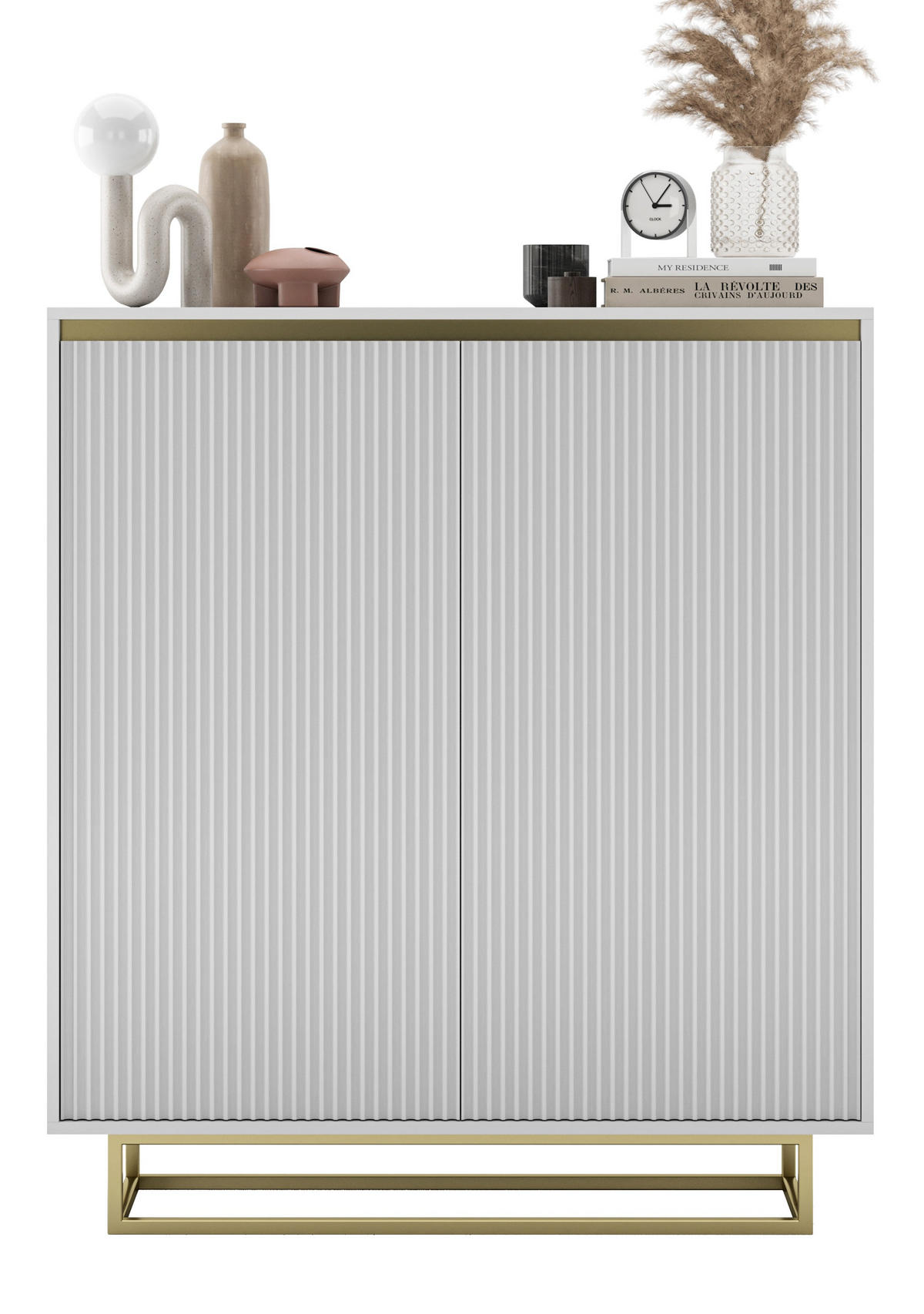 HIGHBOARD Selene 2D Weiß Matt 111 cm goldfarbener Rahmen - Goldfarben/Weiß, Holzwerkstoff/Metall (111/125/35cm) - Meble Lindner