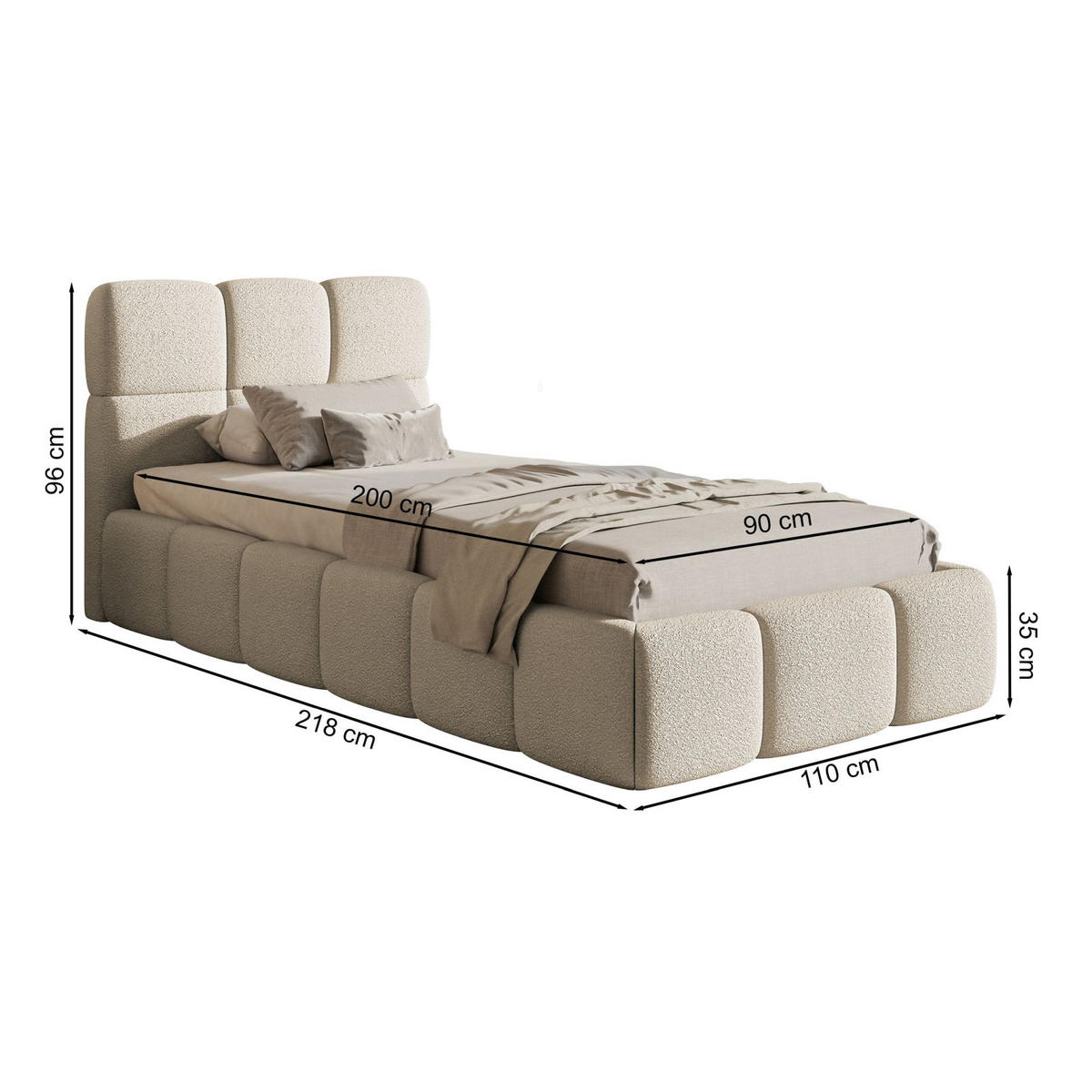 POLSTERBETT Cloudy Hellbeige Bouclé, Bettkasten & Lattenrost, 90x200 cm - Ecru/Schwarz, Kunststoff/Textil (90/200cm) - Selsey