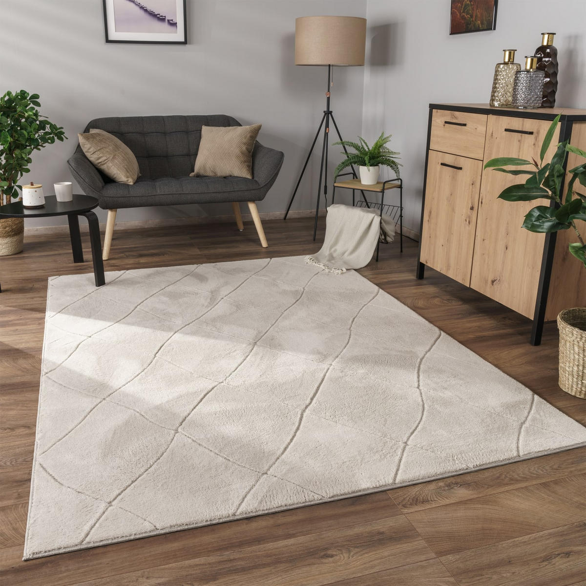 KURZFLORTEPPICH Waschbar, mit Rauten-Struktur, Creme, 60 x 100 cm - Beige, Textil (100/60cm) - KADIMA DESIGN