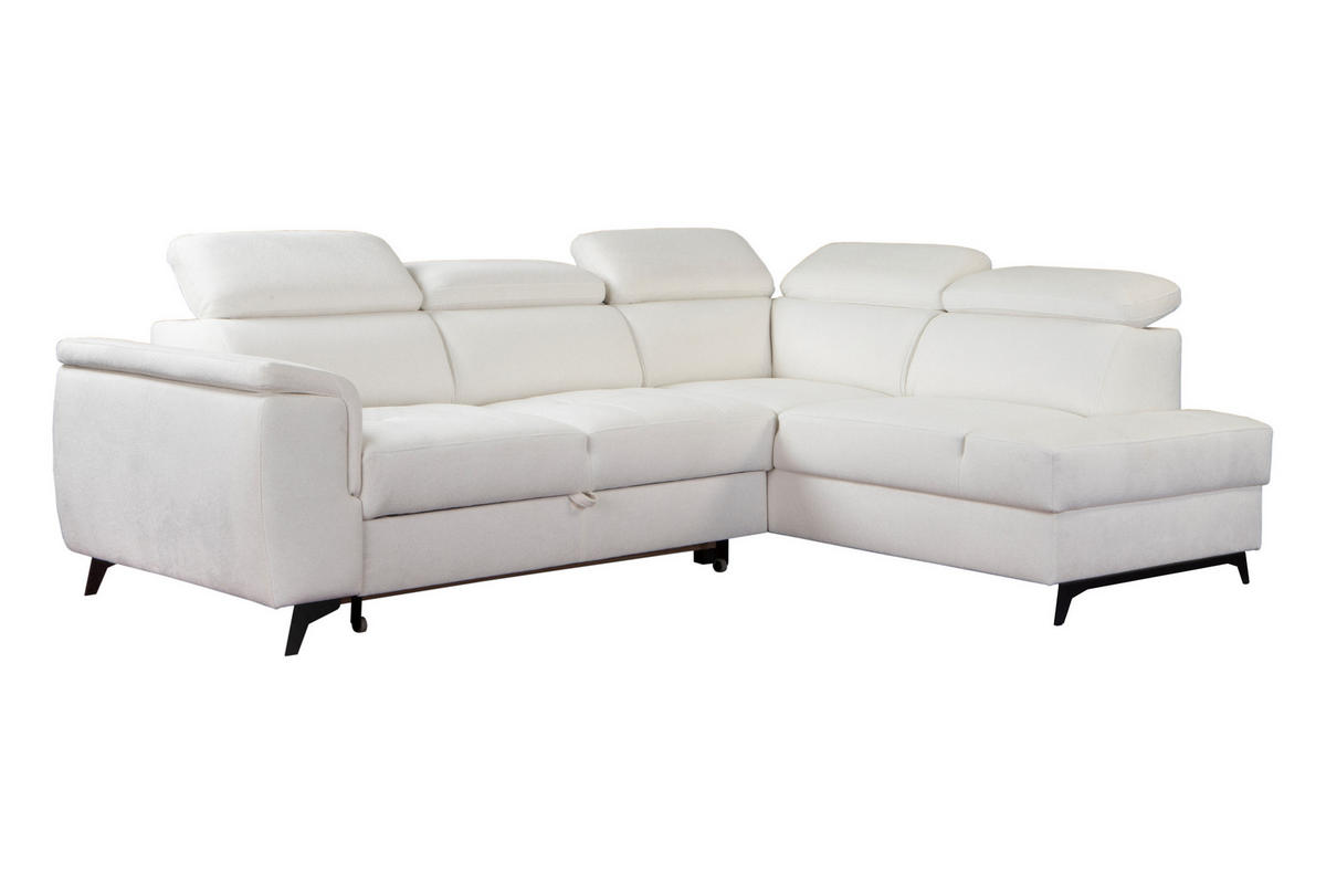 ECKSOFA VOLA Weiß Velours-Stoff mit Schlaffunktion - Weiß, Holz (270/199cm) - MASSENO