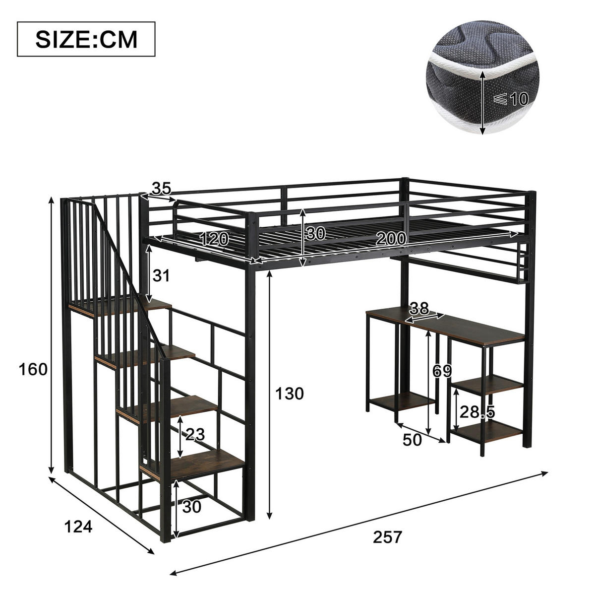 HOCHBETT 120/200 cm aus Metall mit Schreibtisch, Regal und Treppe mit Handläufen, Schwarz/Dunkle Walnuss - Schwarz, Metall (120/200cm) - Redom