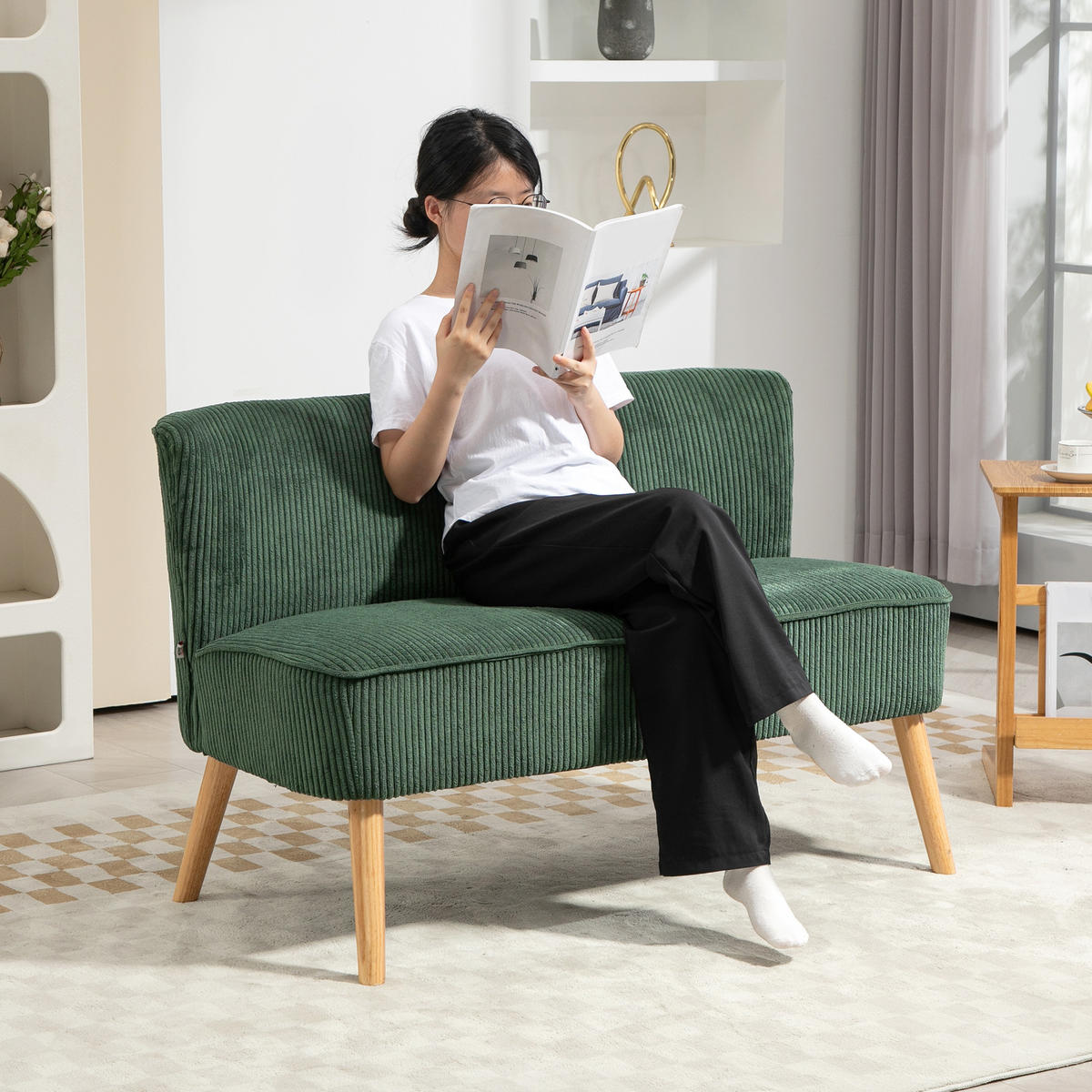 2 Sitzer Sofa, Gepolsterte Couch mit Kordoptik, Holzbeine für Wohnzimmer, Grün - Naturfarben/Grün, Holz/Textil (56.5/77/117cm) - HOMCOM