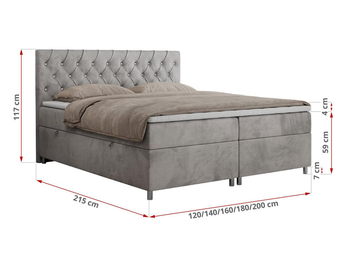 BOXBETT ROMA 120/200 - Hellgrau Velvet - H3 - Hellgrau, Holz/Textil (120/200cm)