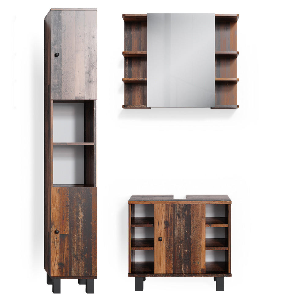 BADMÖBEL-SET Fynn Eiche rustikal 3 Teile, mit Hochschrank - Wildeiche, Holzwerkstoff (60/54/32cm) - Vicco