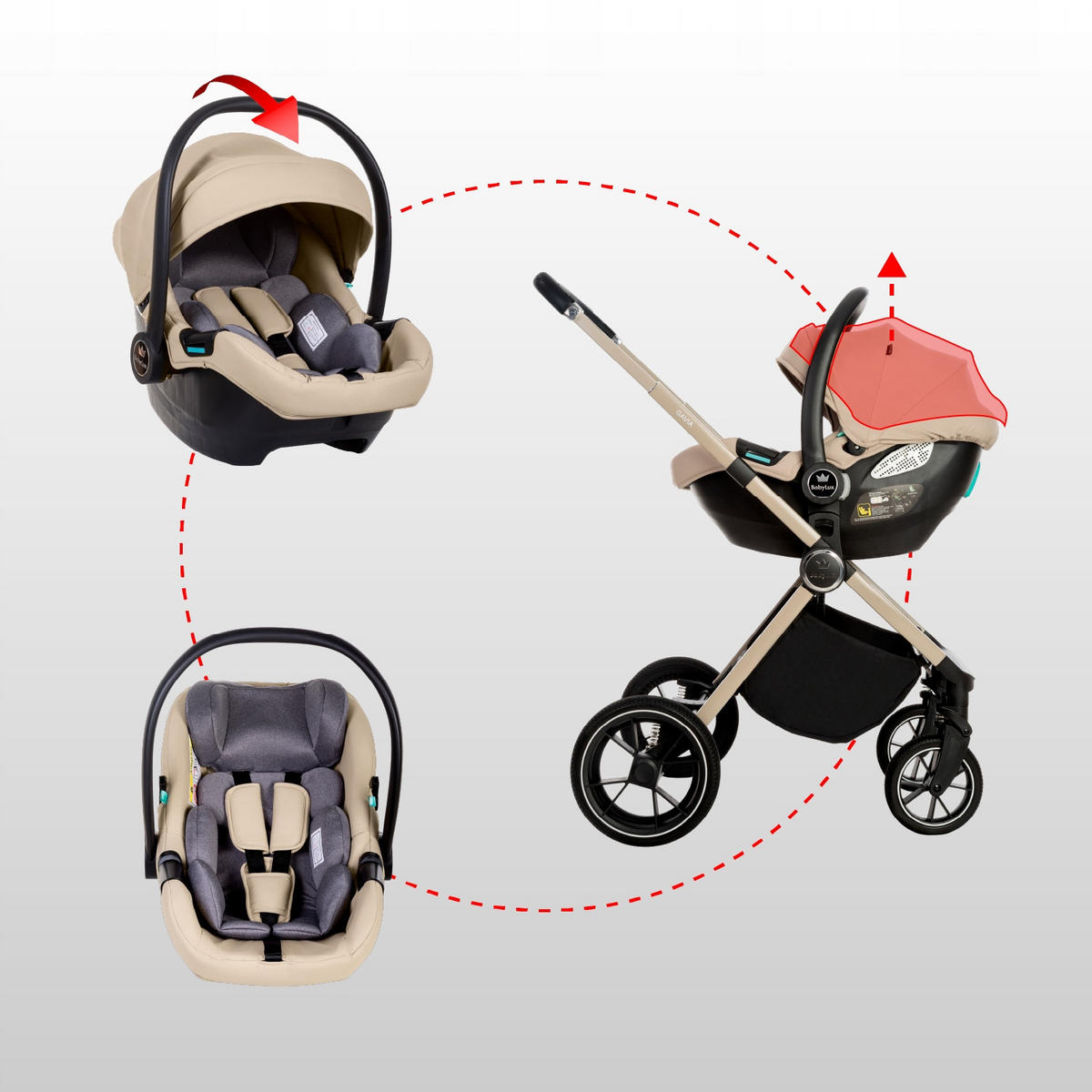 KINDERWAGEN Gavia 3in1 Brownie Babywanne, Buggy Sportsitz, Babyschale I-Size - Beige/Schwarz, Textil/Metall (58/99cm) - BabyLux