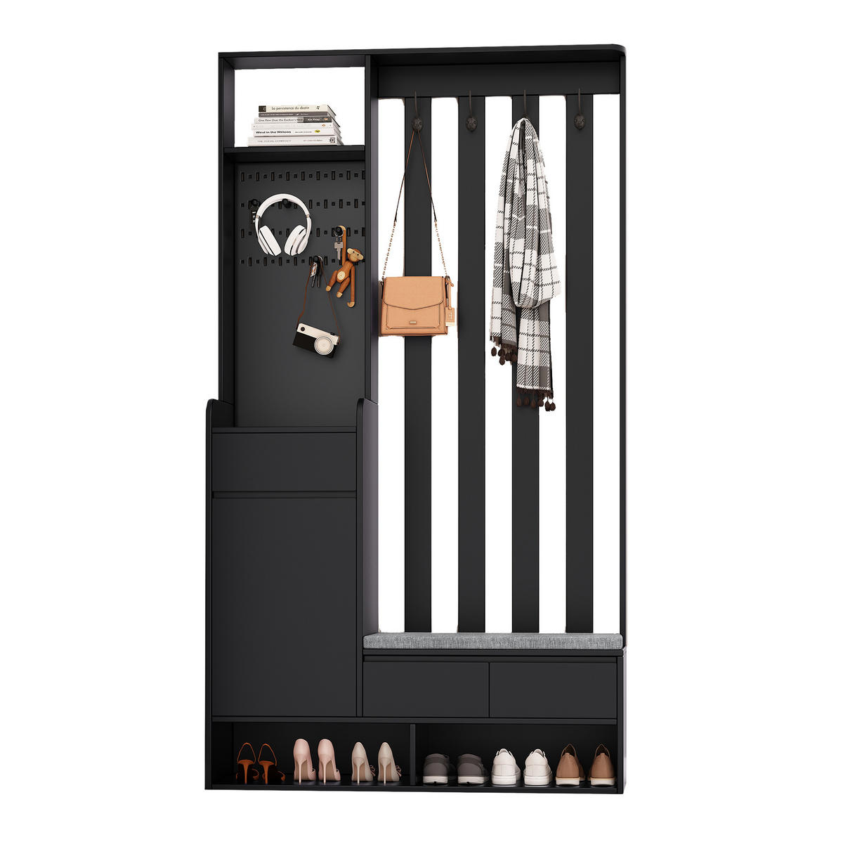 FLURGARDEROBE 35/100/180 cm mit Sitzbank, Stecktafel, Schublade und 4 Haken aus MDF, Schwarz - Schwarz, Holzwerkstoff (100/180/35cm) - Redom