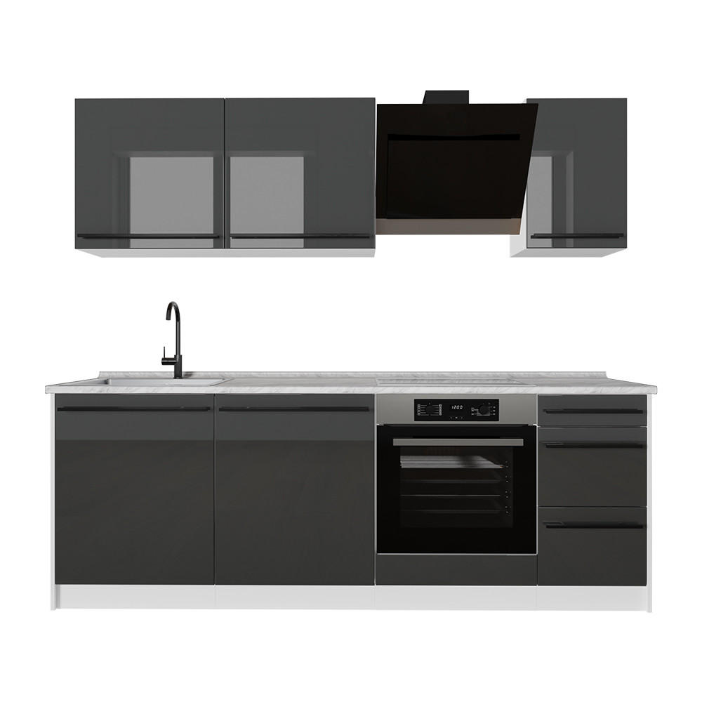 Vicco Küchenzeile Schwarz Hochglanz, Weiß 220x81.6x46 cm