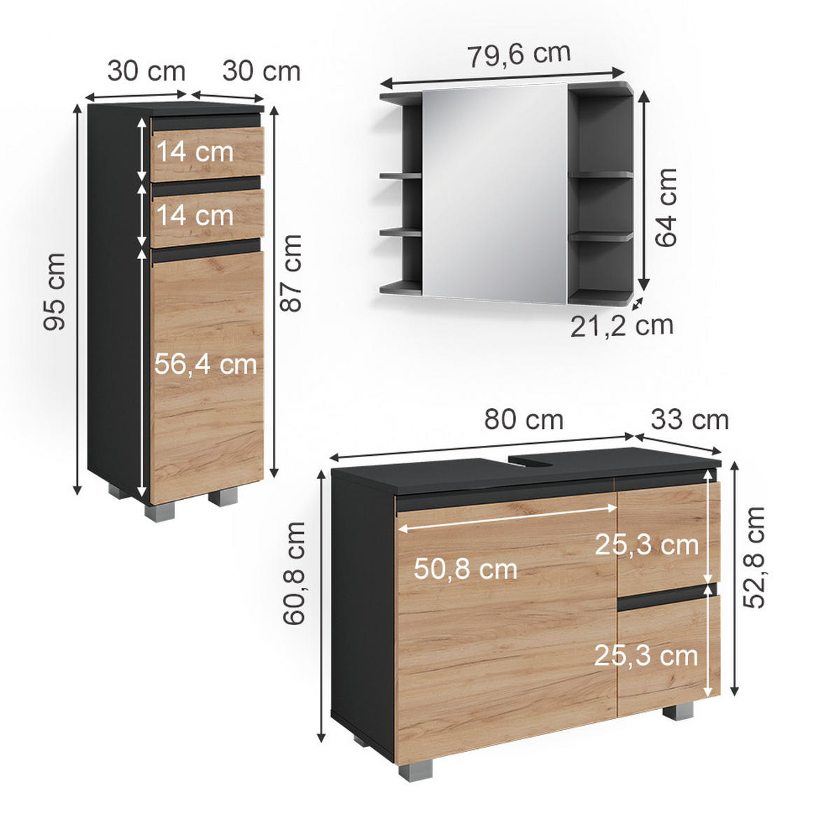 BADMÖBEL-SET J-Shape Grau 3 Teile - Eichefarben/Grau, Holzwerkstoff (80/60/33cm) - Vicco