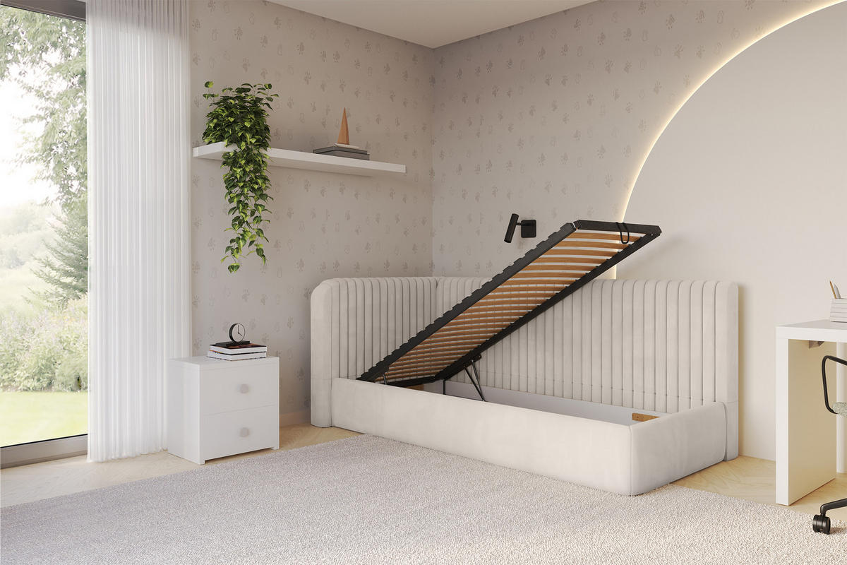 EINZELLBETT Jugendbett mit Bettkasten und Matratze H3/H4, Rechts - AURY 80x200 Beige - Sandfarben, Holzwerkstoff/Textil (80/200cm) - ALTDECOR