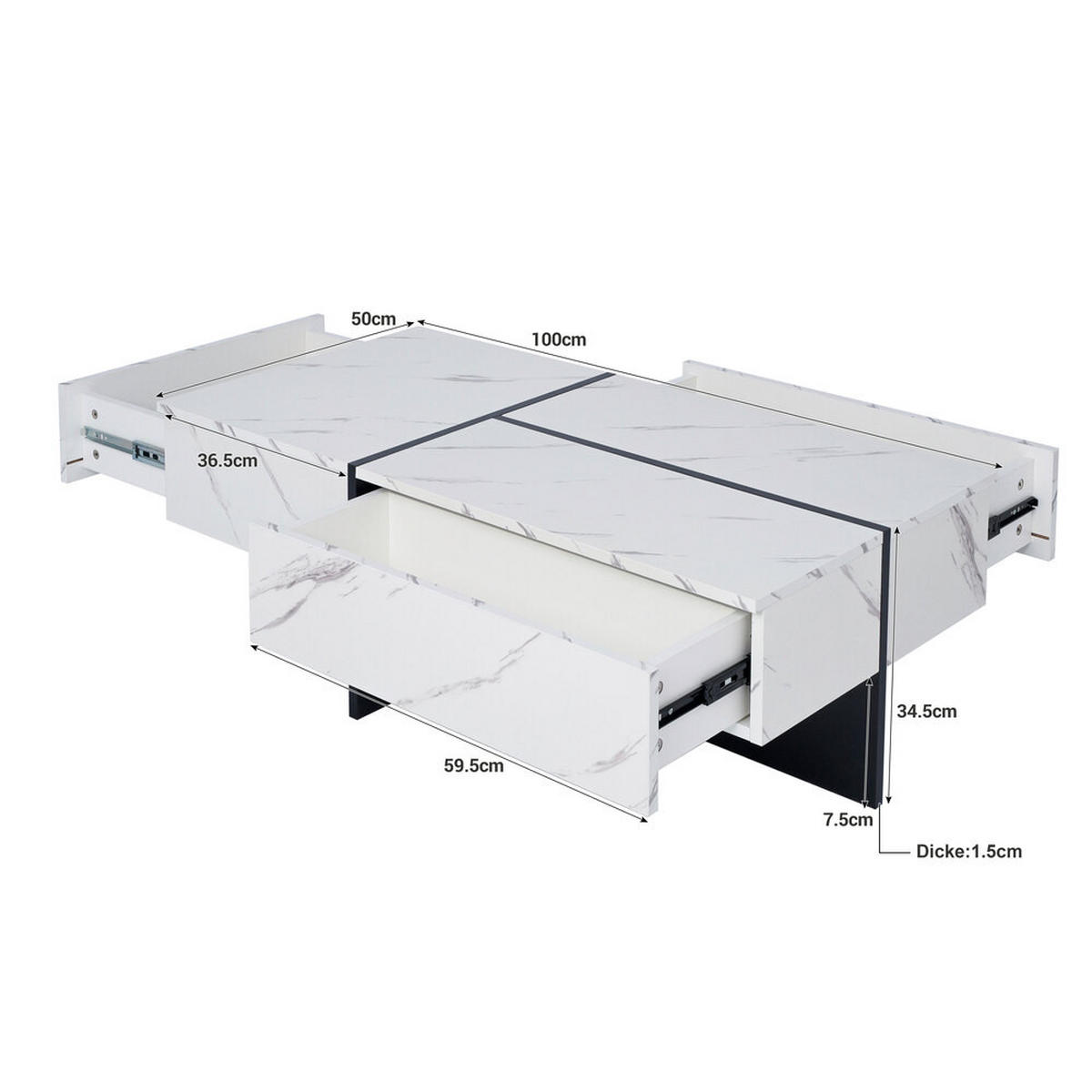 COUCHTISCH 100x50cm Hochglanz Weiß-Schwarz Marmoroptik App-LED - Weiß, Holz (72/54/23cm) - FLIEKS