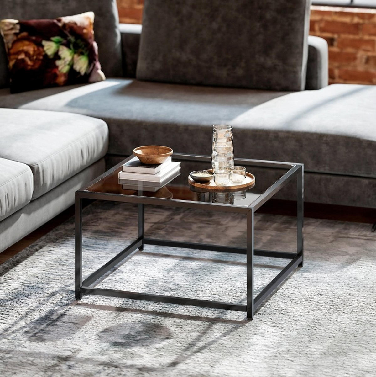 COUCHTISCH 68/68 cm aus gehärtetem Glas und Stahlgestell in Schwarz - Schwarz, Glas (68/68/39cm) - BEAOK