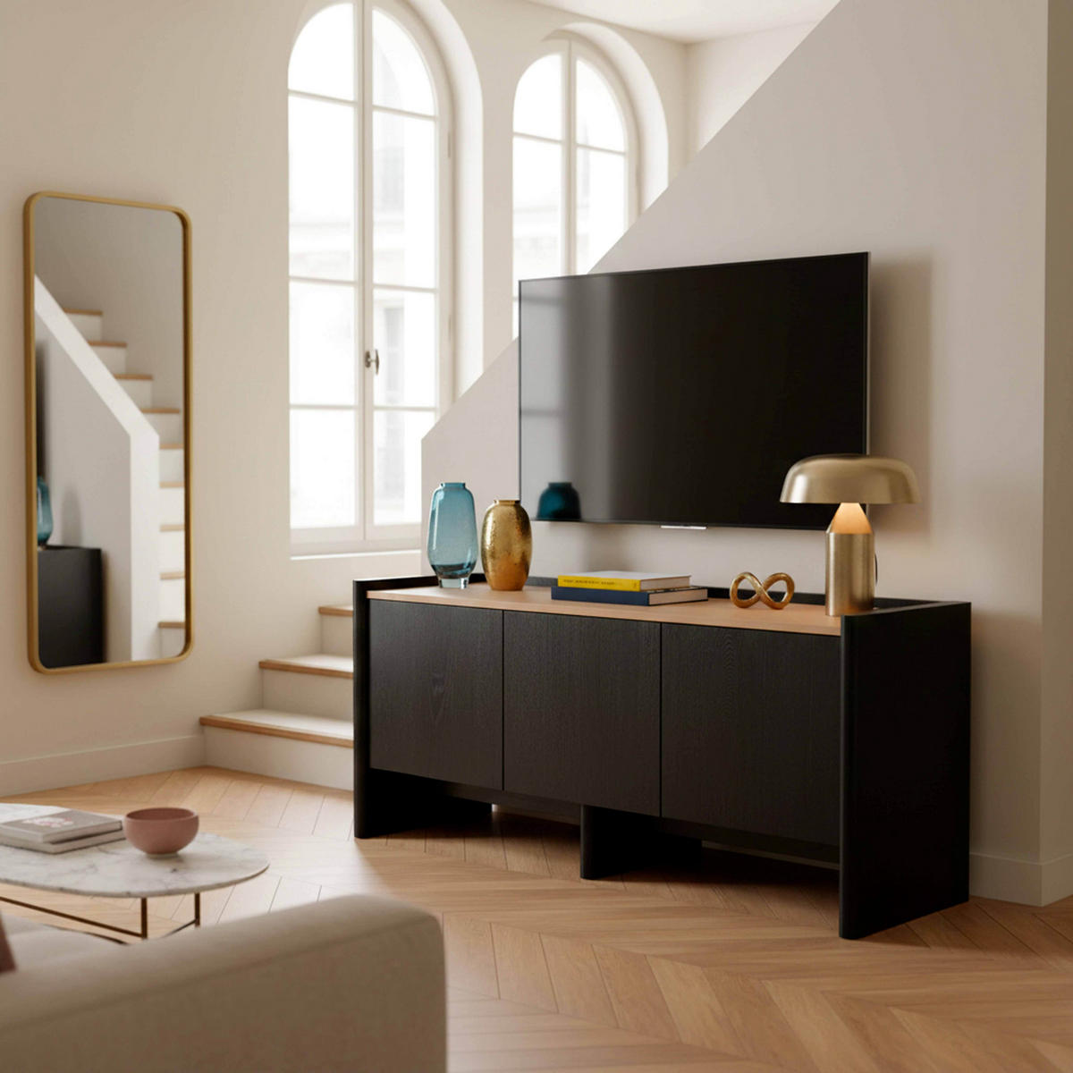 TV-SCHRANK 120 cm, schwarzes Holz - Schwarz/Braun, Holz (40/55/120cm) - Oviala