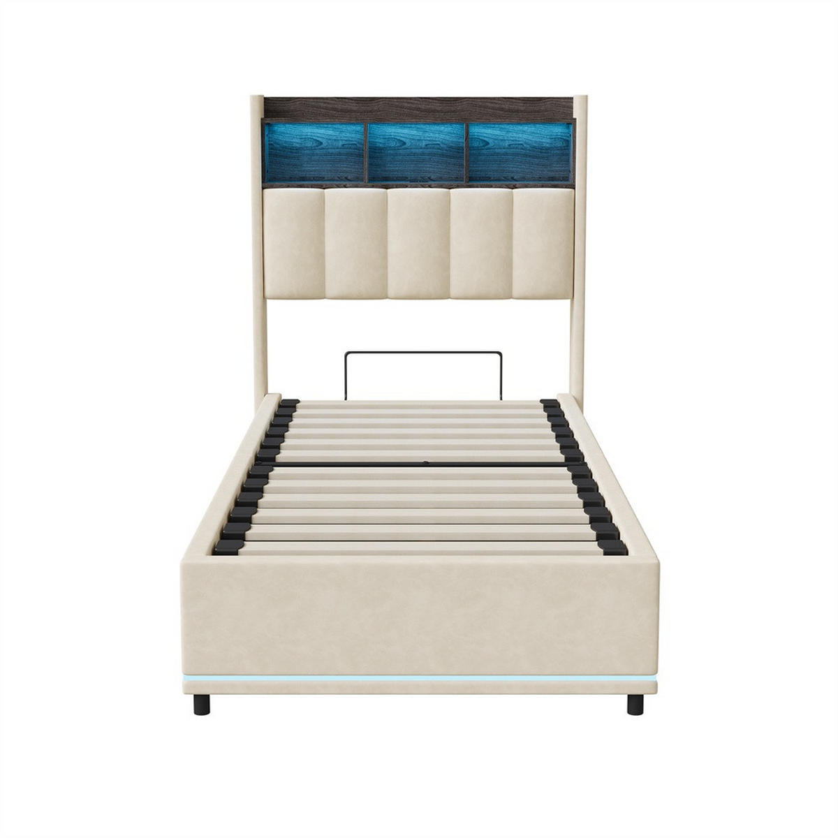 POLSTERBETT 90x200cm - Einzelbett mit RGB-LED-Beleuchtung am Kopfteil und Unterboden Stauraum-Kopfteil - Beige - Beige, Textil (90/200cm) - DELFA