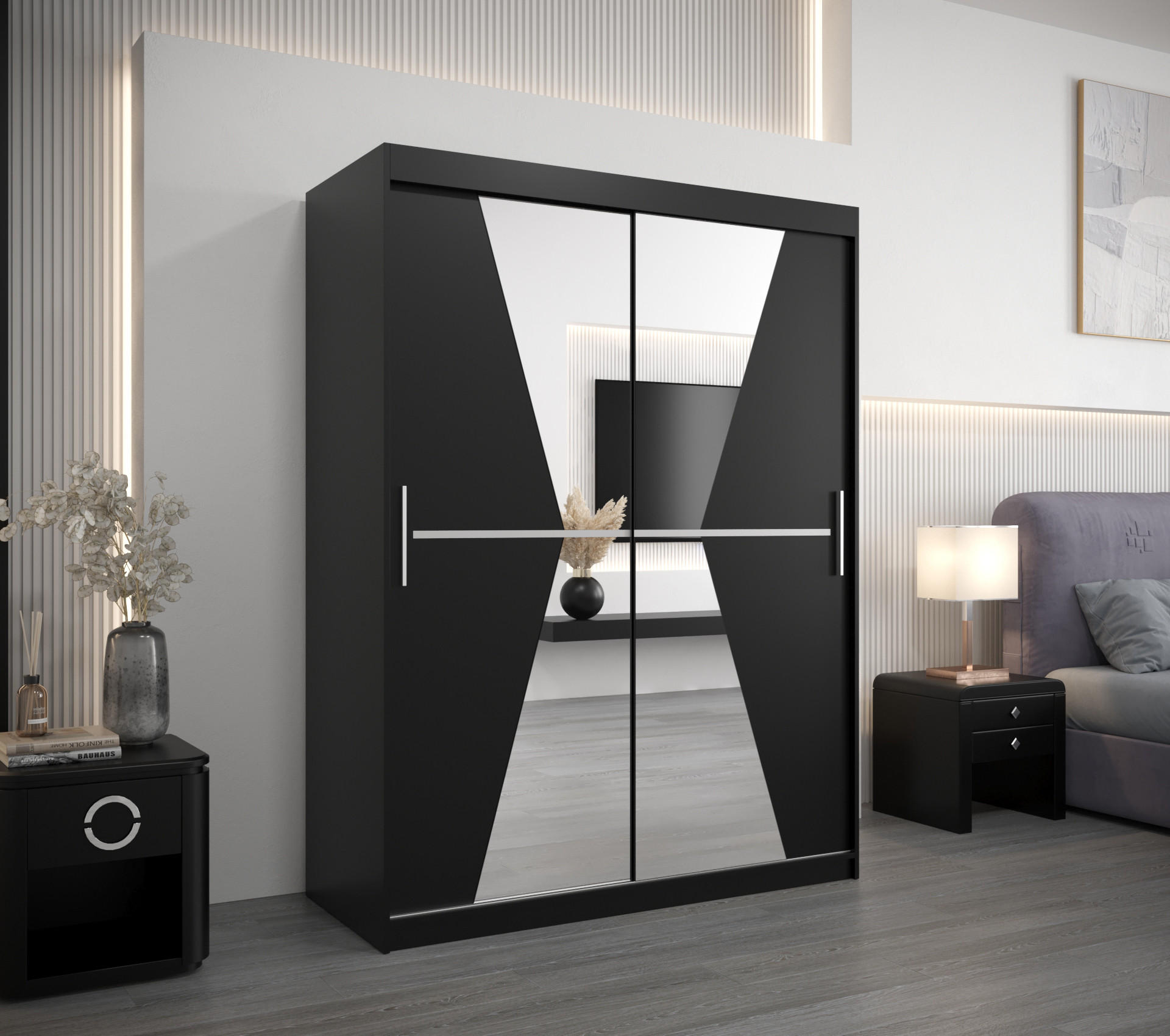 SCHWEBETÜRENSCHRANK 200/150/62 2-türig - Silberfarben/Schwarz, Holz/Kunststoff (150/200/62cm) - Abiks Möbel