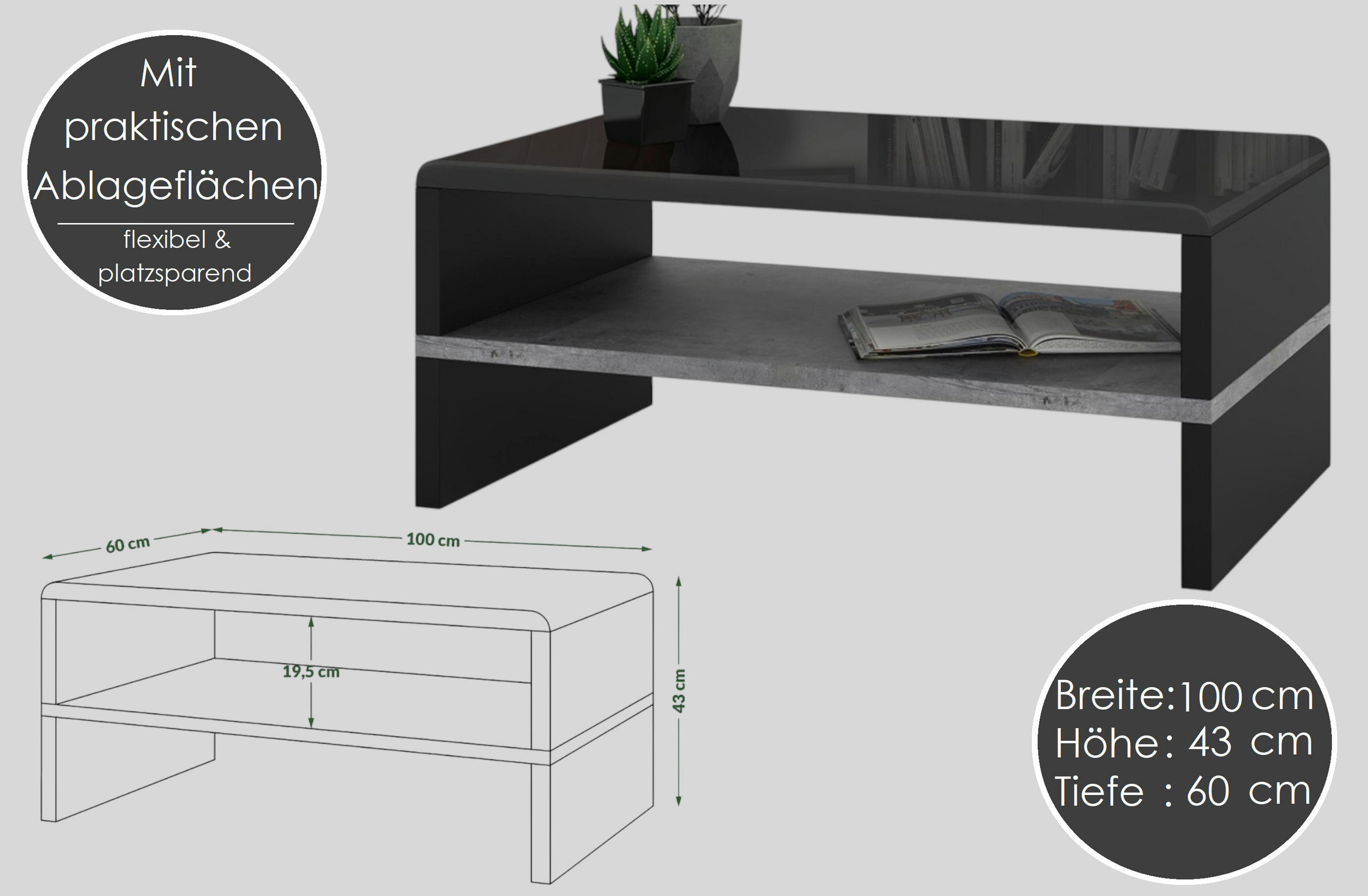 Thumbnail - designimpex Couchtisch, Schwarz Hochglanz, Eiche, Holzwerkstoff, 100x43x60 cm, Wohnzimmer, Wohnzimmertische, Couchtische
