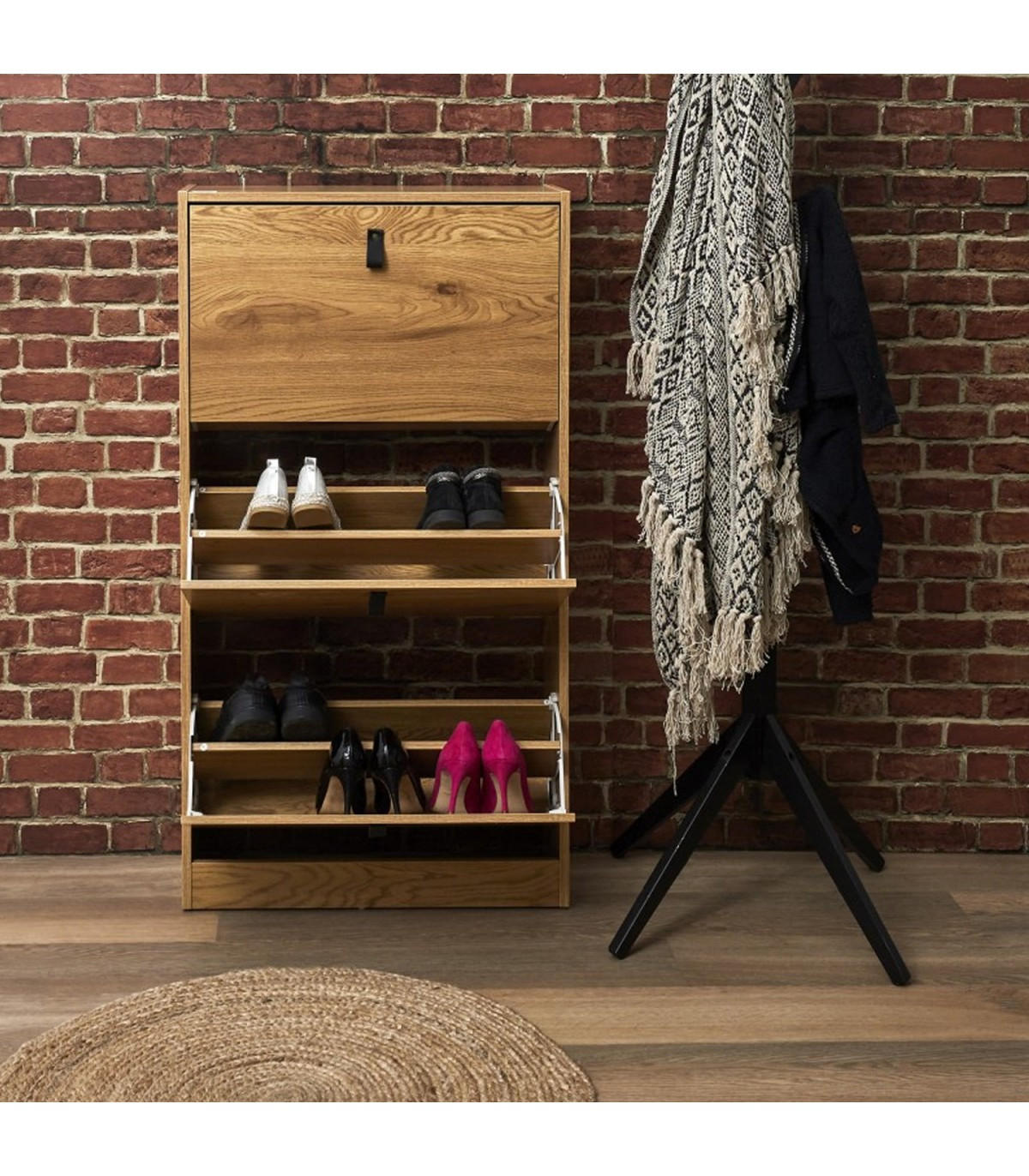 SCHUHSCHRANK mit 3 klappbaren Schubladen - L63cm - Eichefarben, Holzwerkstoff (24/117/63cm) - Calicosy