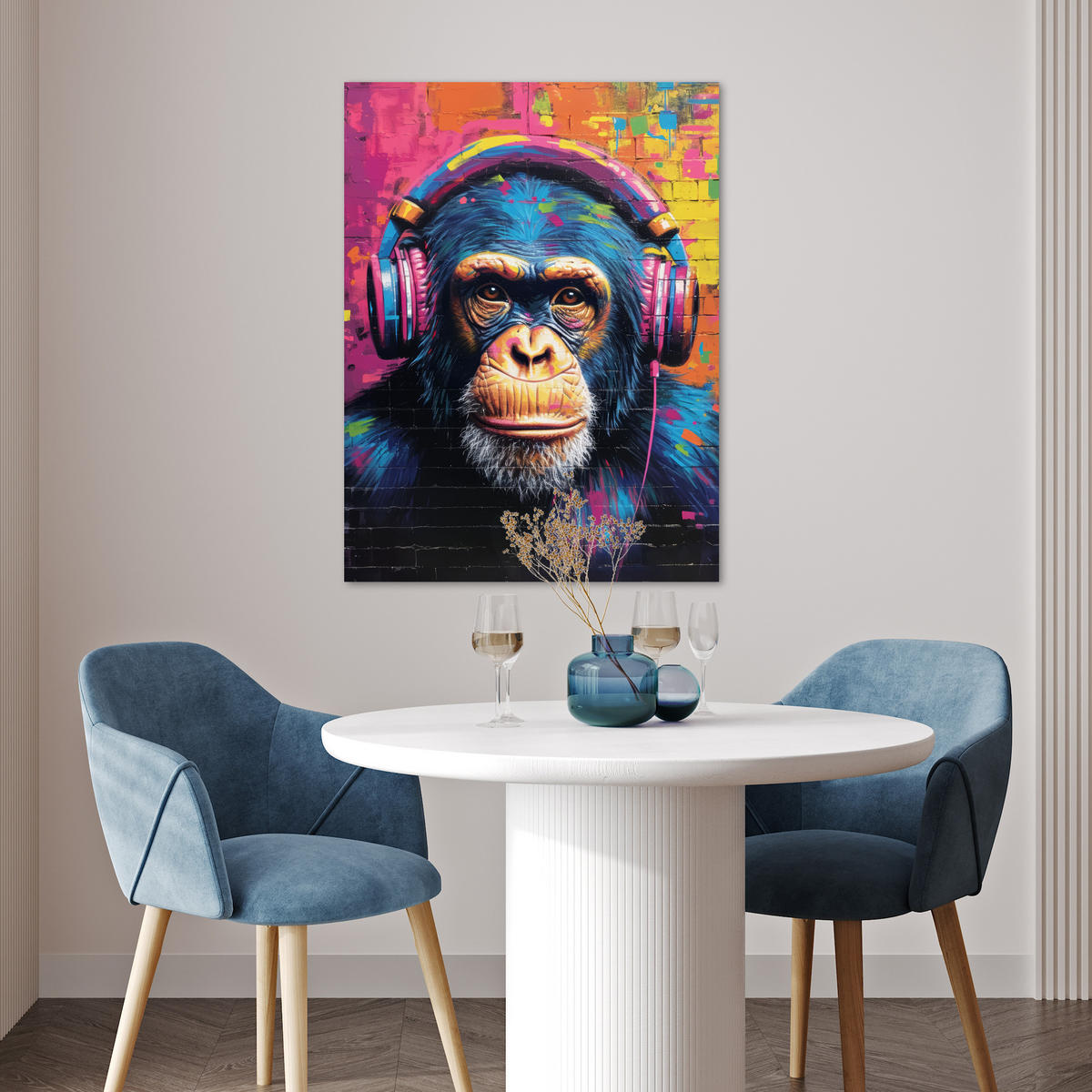 POSTER Graffiti - Schimpanse - Straßenkunst - Kopfhörer - Affe 60x80 cm - Blau, Papier (60/80/0.1cm) - MuchoWow