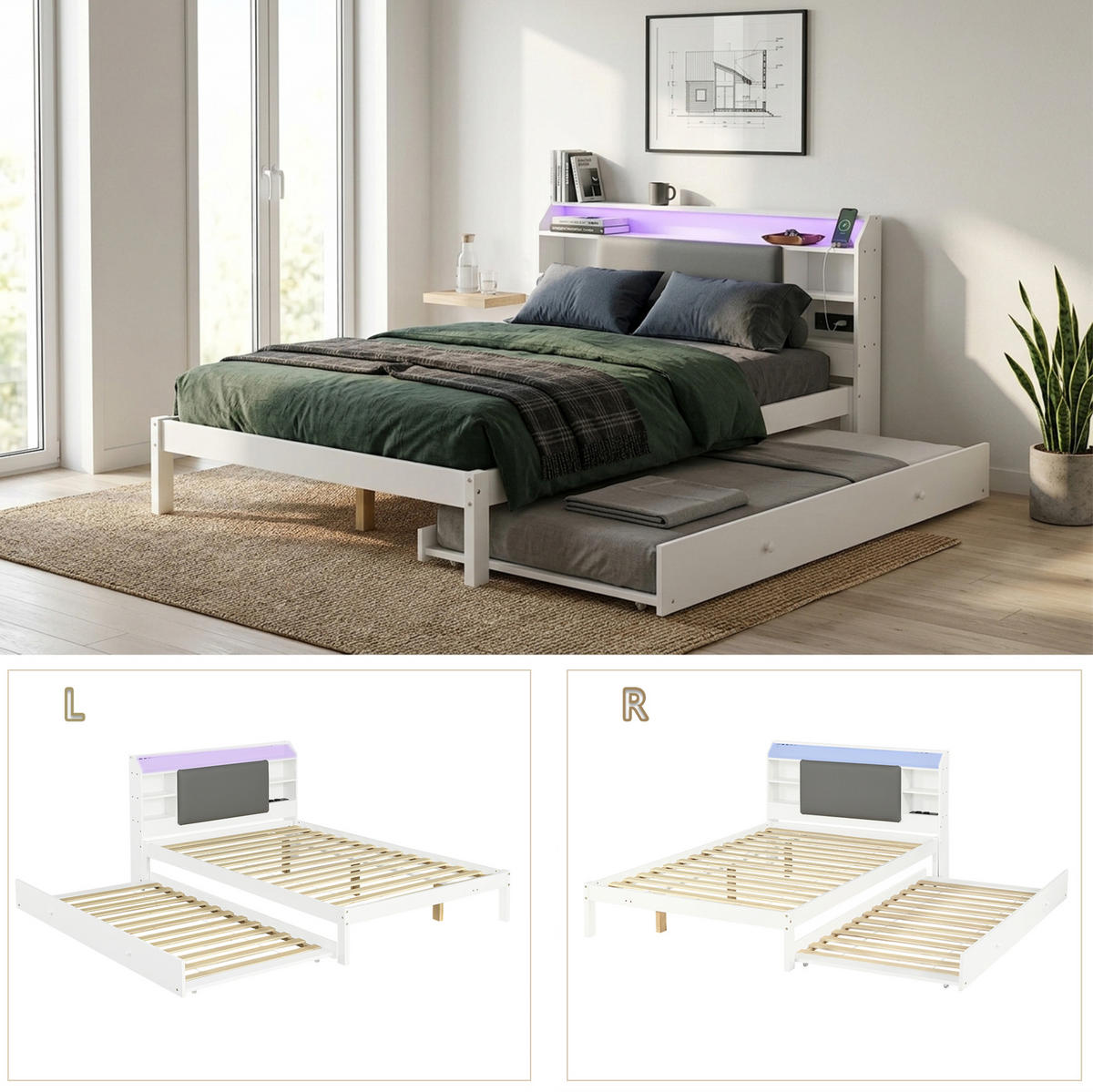 FUNKTIONSBETT aus Kiefernholz und MDF 120x200 cm Weiß mit Ausziehbett 90x190 cm, LED und Ladestation - Weiß, Holz (120/200cm) - IVMEU