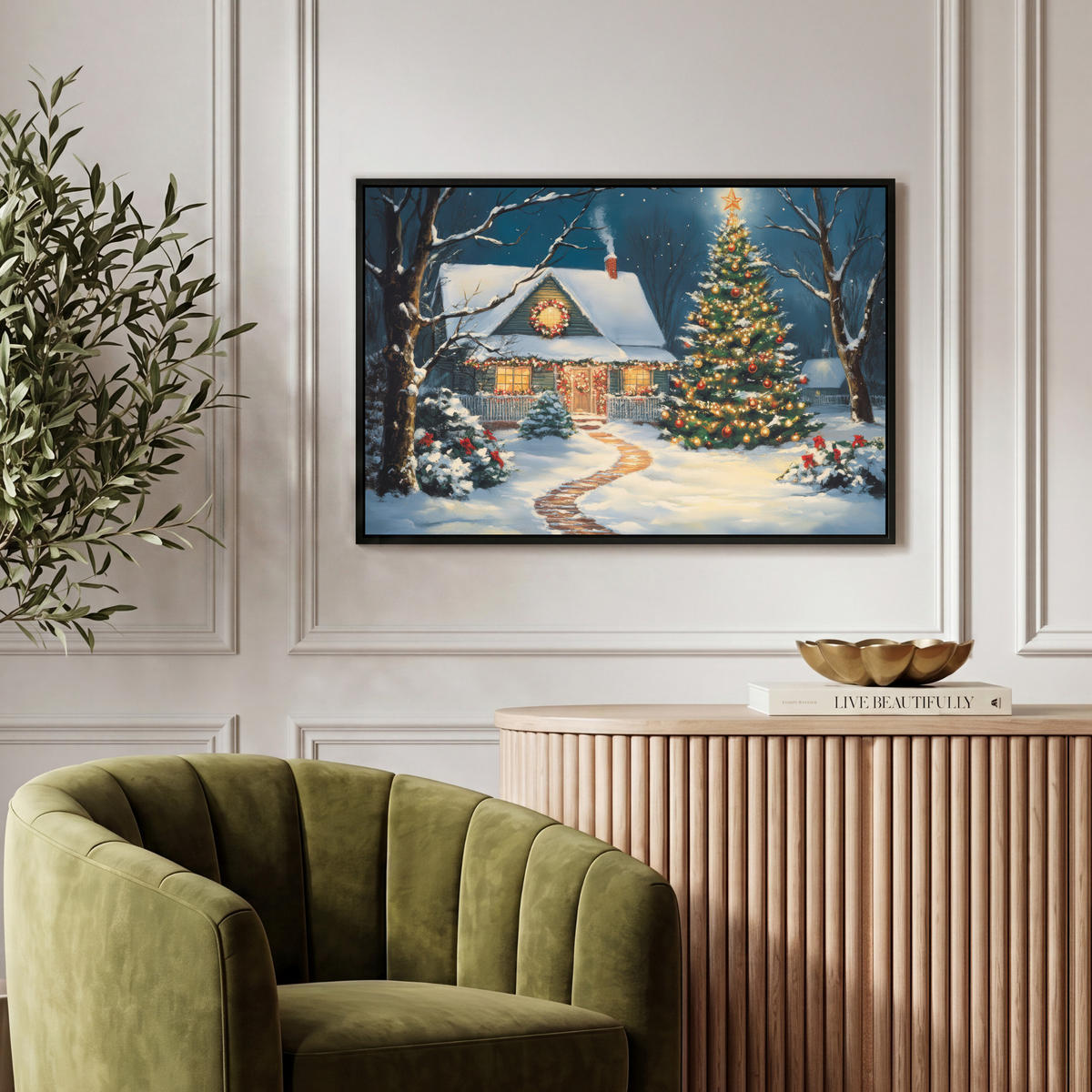 LEINWAND Bilder mit Rahmen - Weihnachten - Weihnachtsbaum - Winter - Zuhause - Schnee - 60x40 - Smaragdgrün, Textil (60/40cm) - MuchoWow
