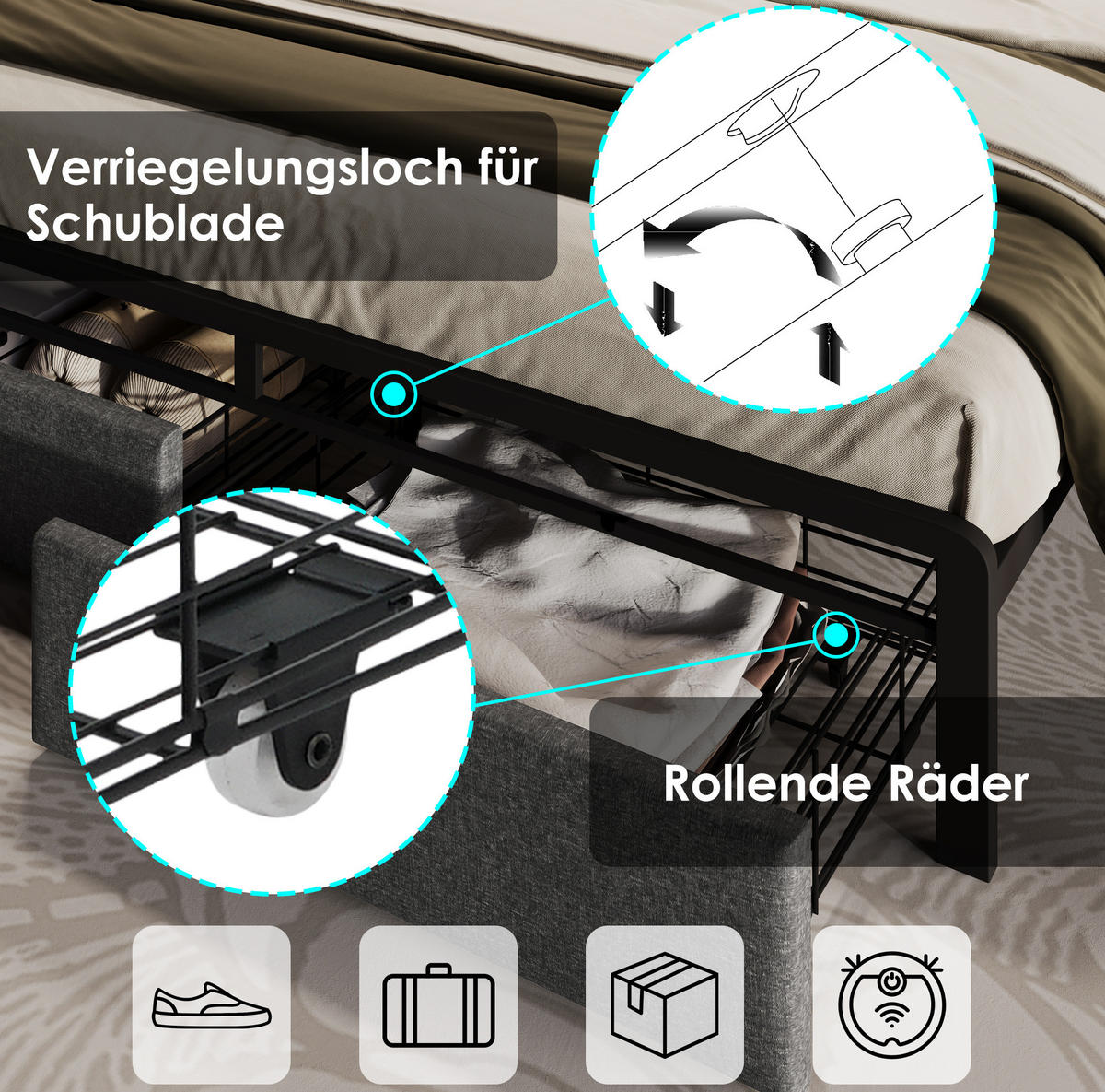POLSTERBETT 160/200 cm mit LED-Beleuchtung, USB- und Typ-C-Anschluss, Matratze und Stauraum-Kopfteil und 2 Schubladen, Grau - Grau, Textil (160/200cm) - Redom