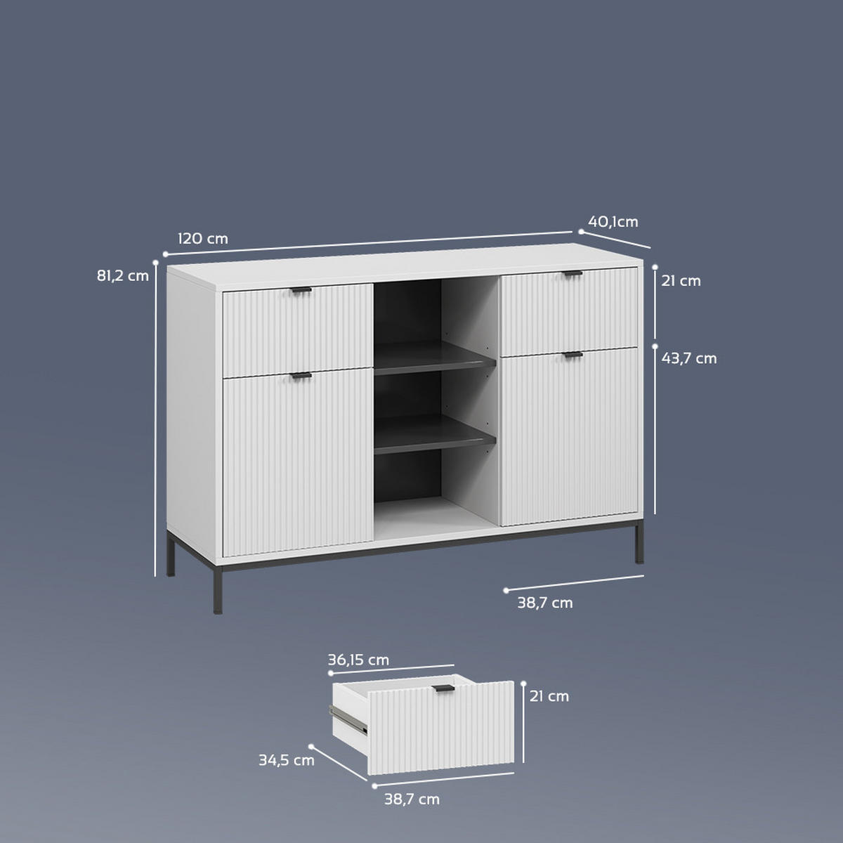 KOMMODE Aterno Weiß 120 x 81.2 cm mit 2 Schubladen und 2 Türen - Weiß, Holzwerkstoff (120/81.2/40cm) - Livinity®