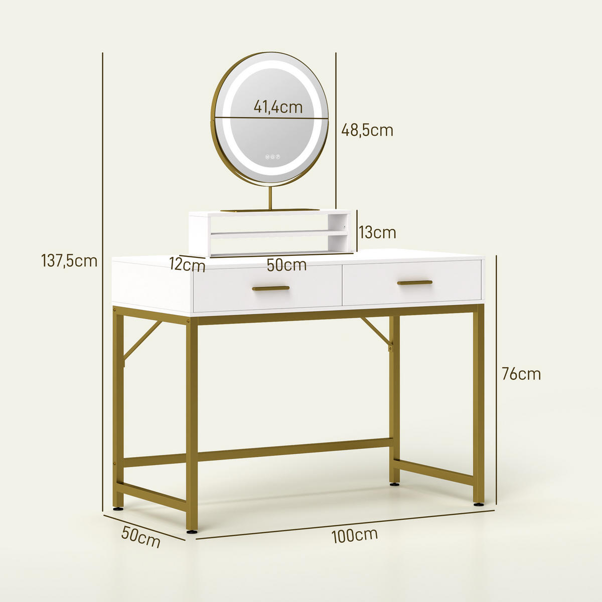 SCHMINKTISCH mit LED Beleuchtung, 100 x 50 x 137,5 cm, Weiß - Weiß, Holzwerkstoff (100/137.5/50cm) - HOMCOM